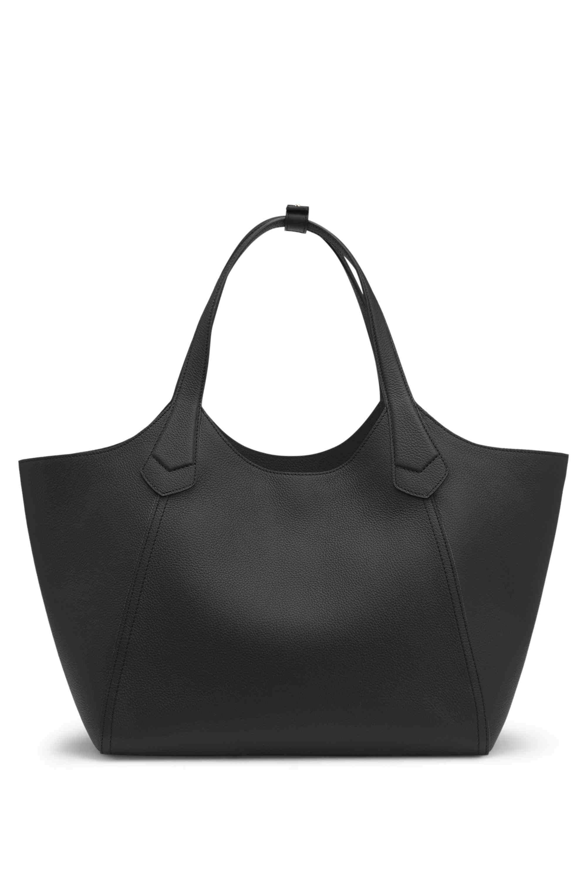 Leather tote bag with metallic logo lettering