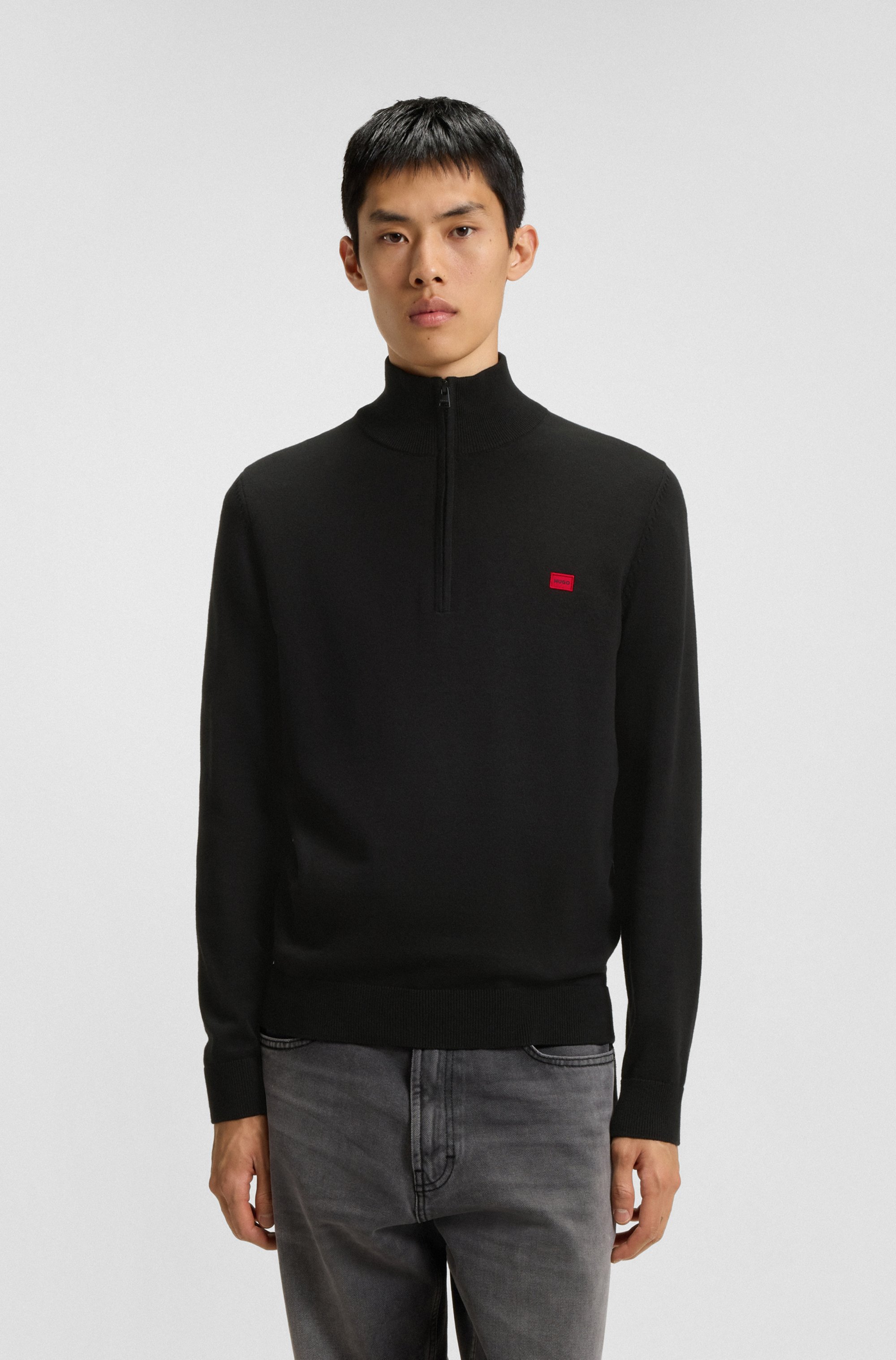 Zip-neck sweater in cotton with red logo label