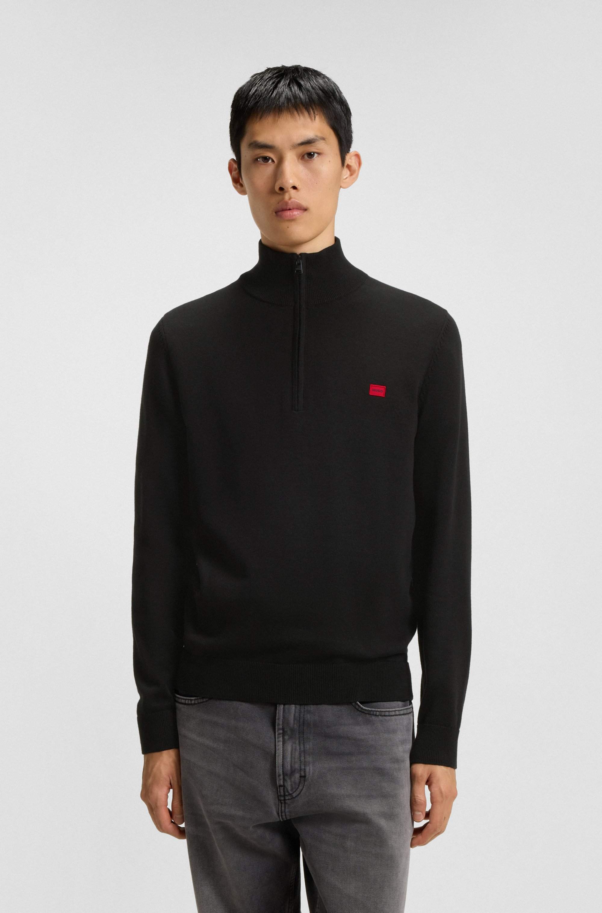 Zip-neck sweater in cotton with red logo label