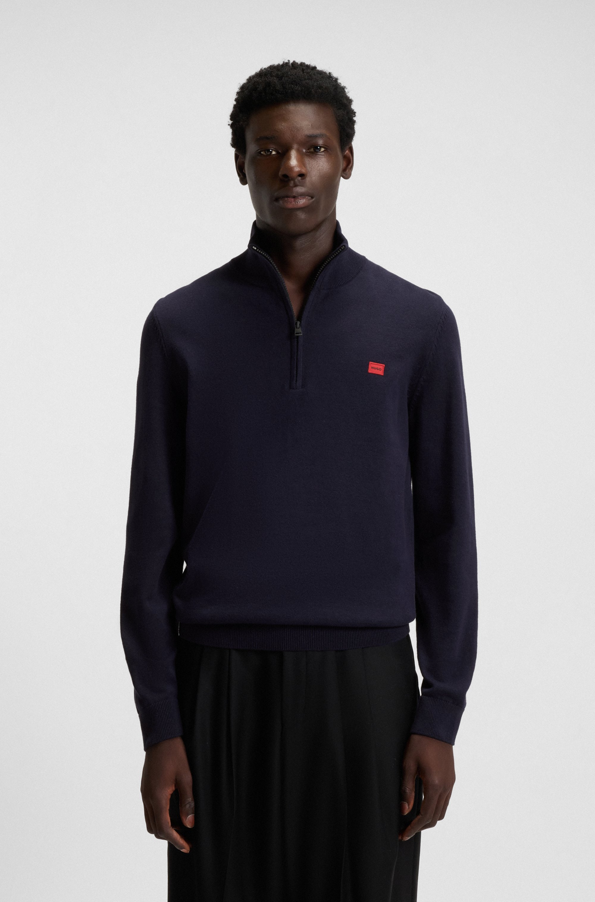 Zip-neck sweater in cotton with red logo label