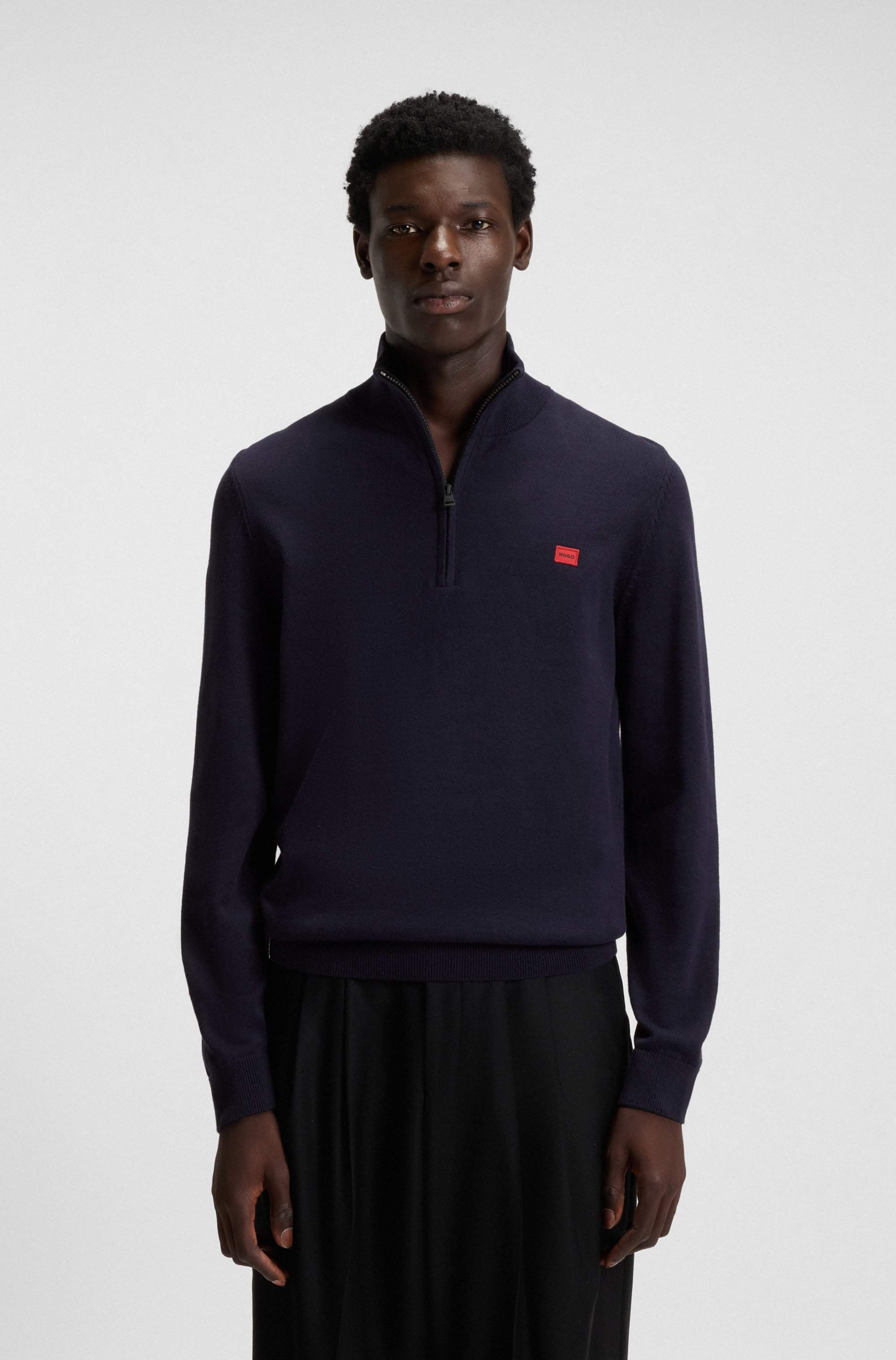 Zip-neck sweater in cotton with red logo label