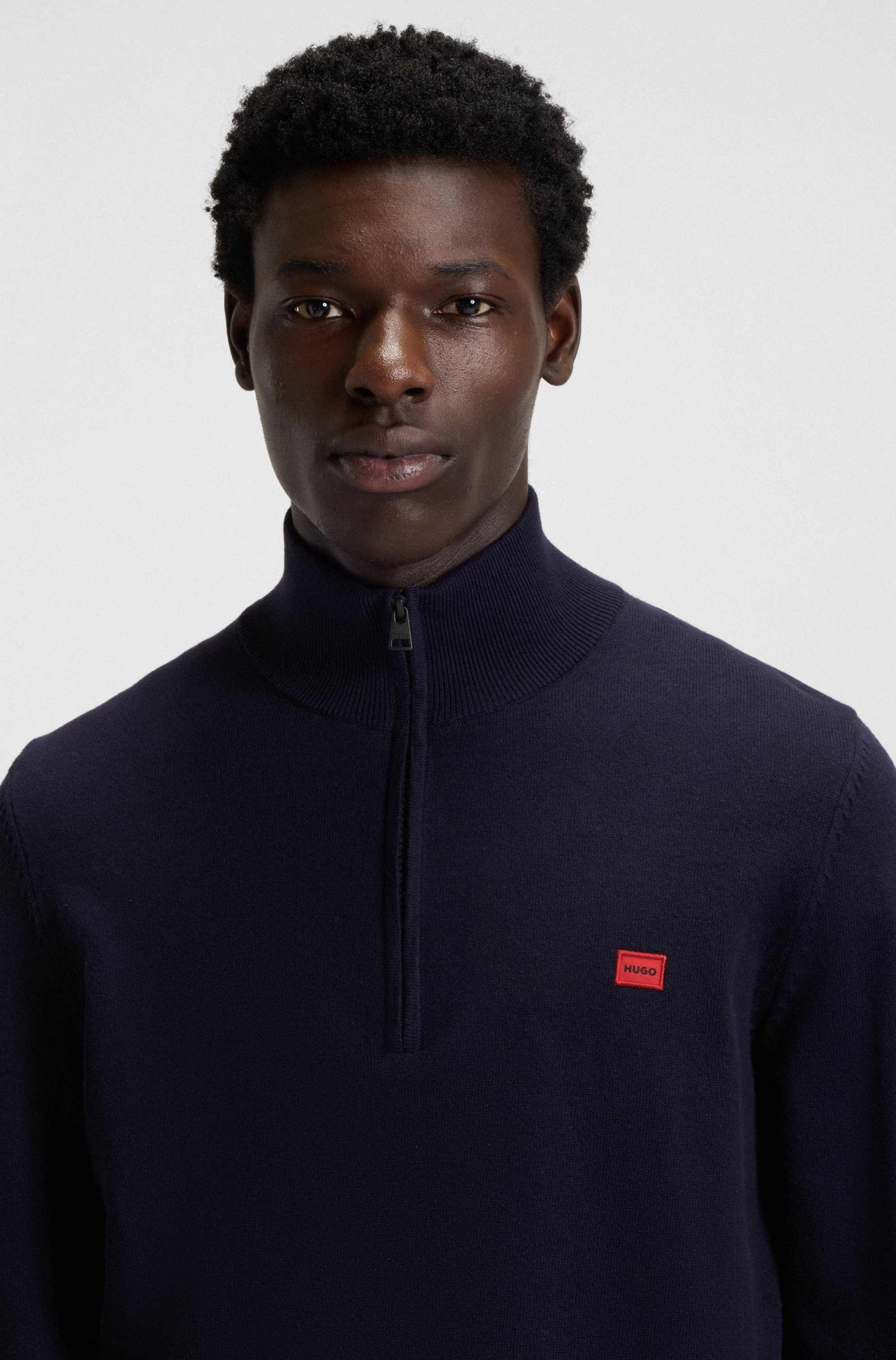 Zip-neck sweater in cotton with red logo label