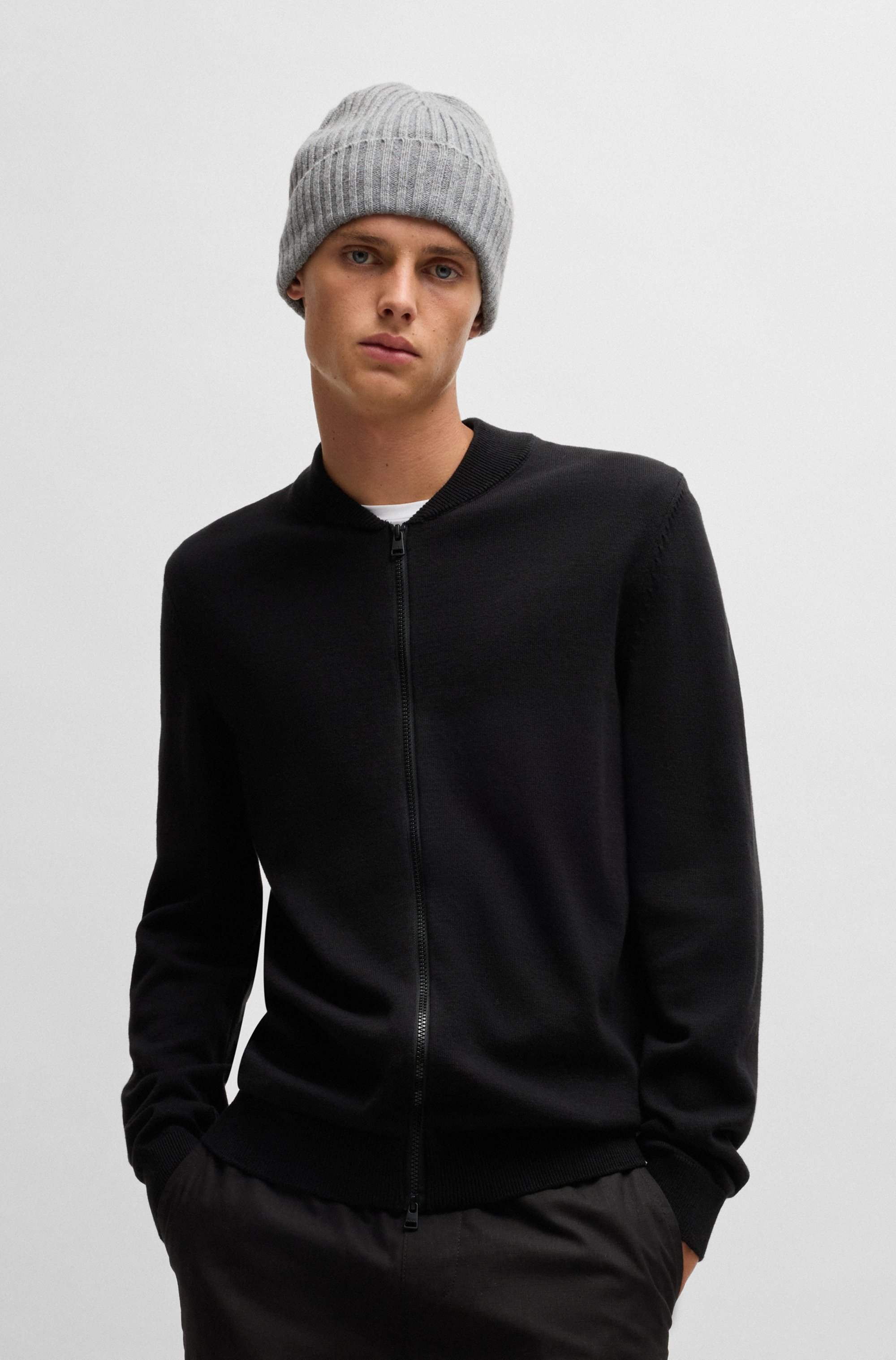 Knitted-cotton bomber-style cardigan with red logo label