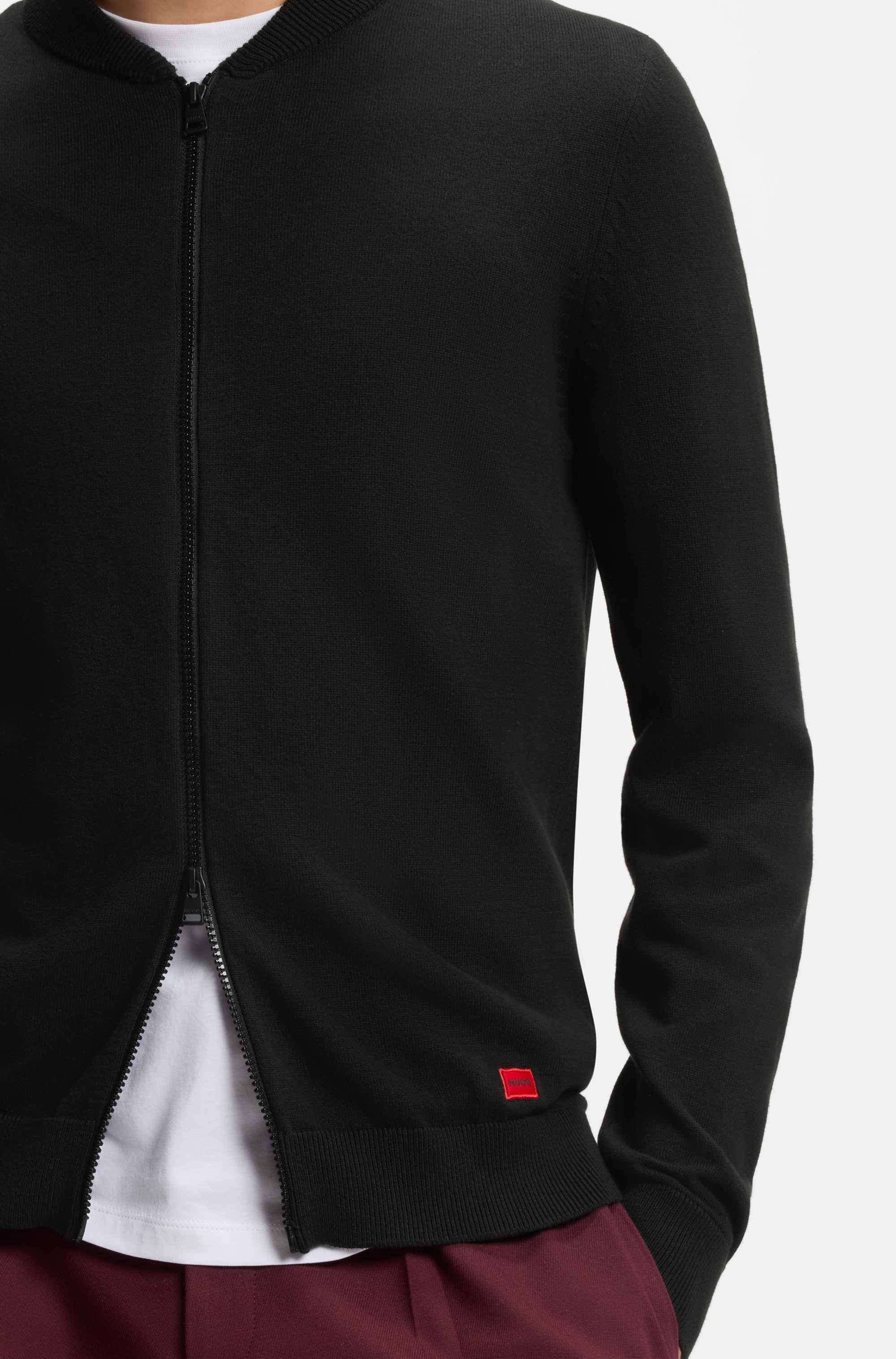 Knitted-cotton bomber-style cardigan with red logo label