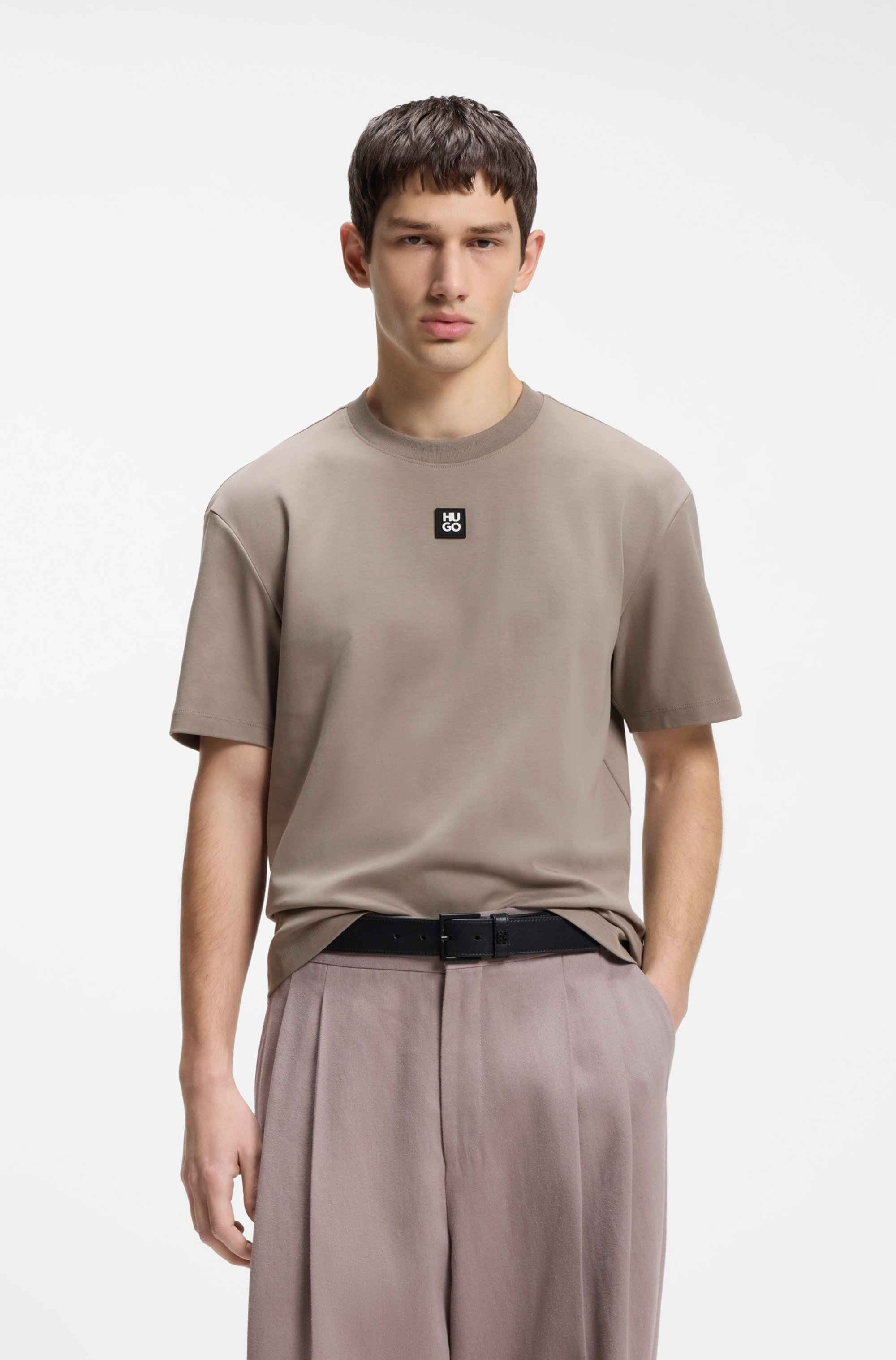 Interlock-cotton T-shirt with metallic stacked-logo badge