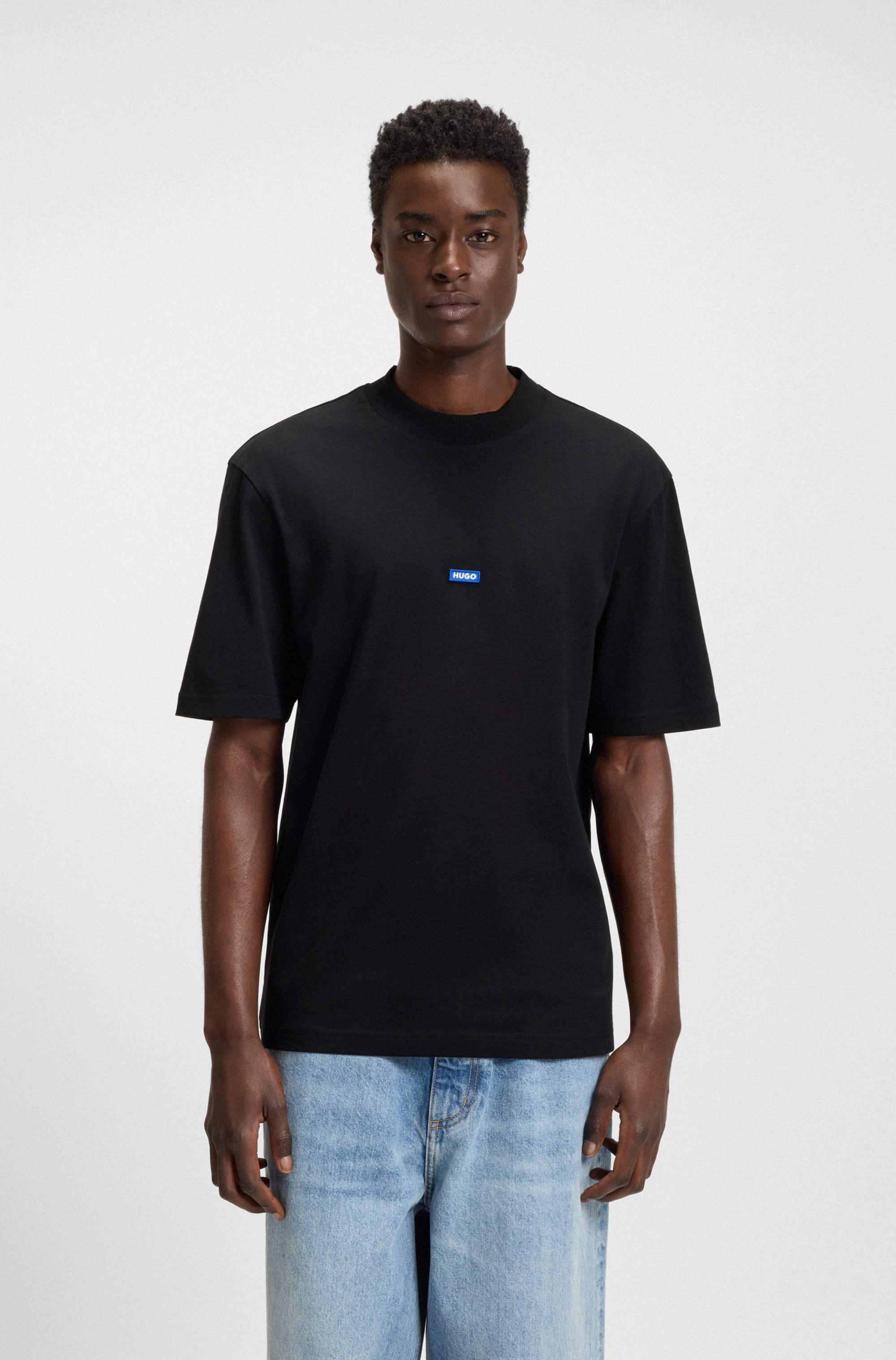 Regular-fit cotton-jersey T-shirt with blue logo patch