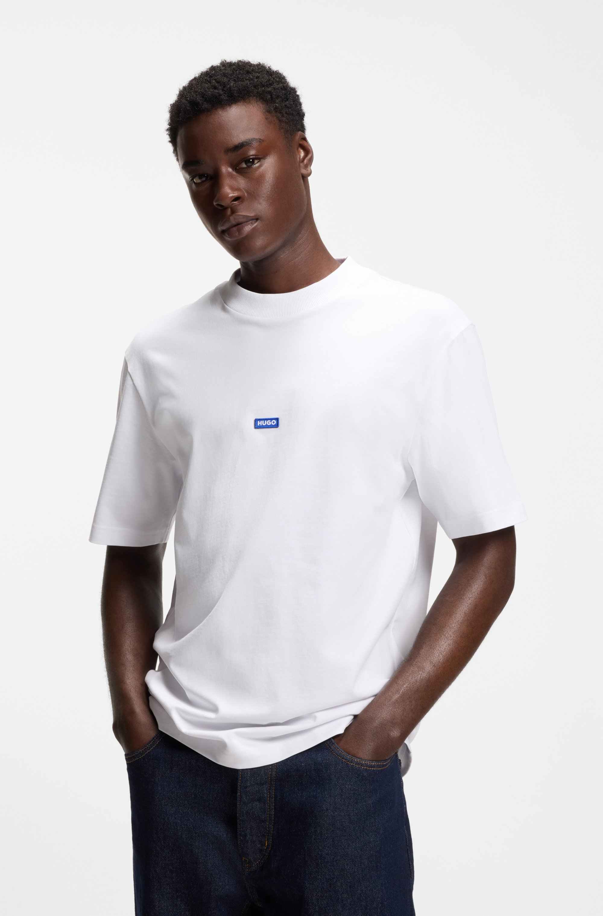 Cotton-jersey T-shirt with blue logo patch
