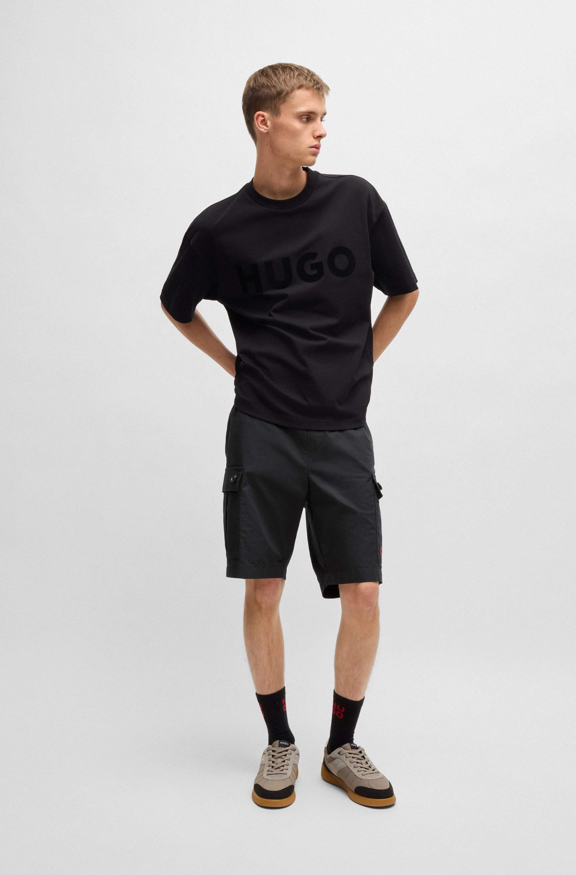 Structured-cotton shorts with red logo label