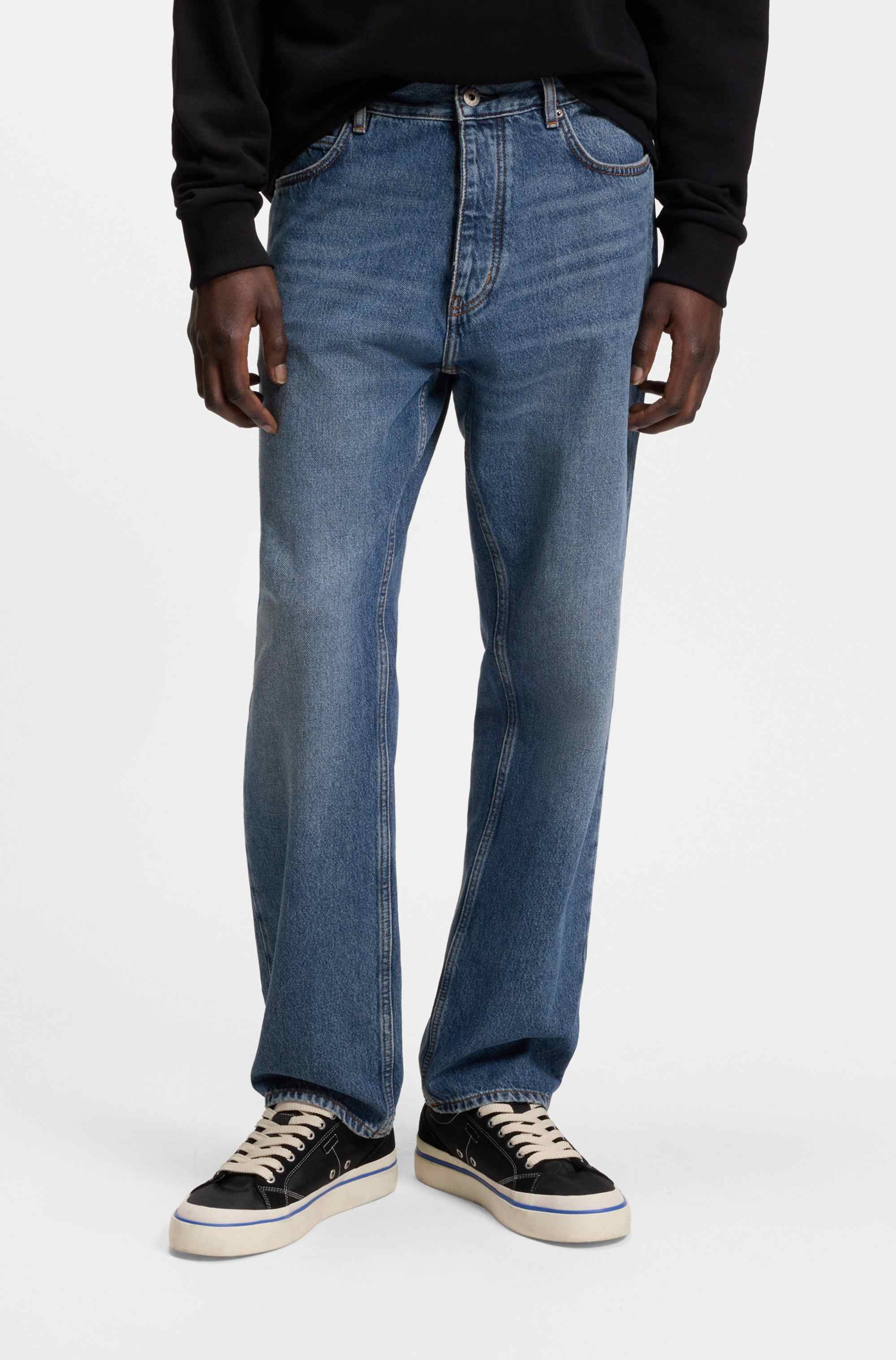 Regular-fit jeans in mid-blue stonewashed cotton denim