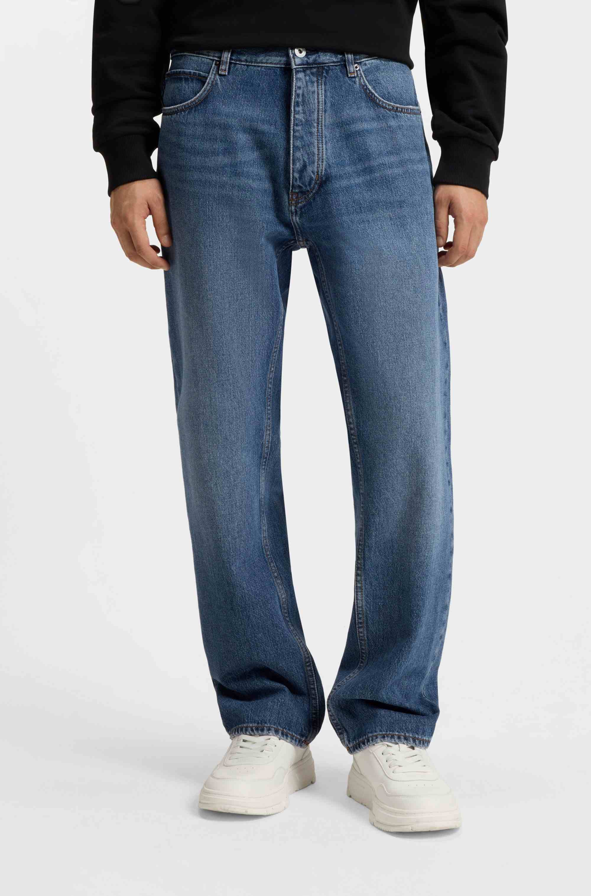 Regular-fit jeans in mid-blue stonewashed cotton denim