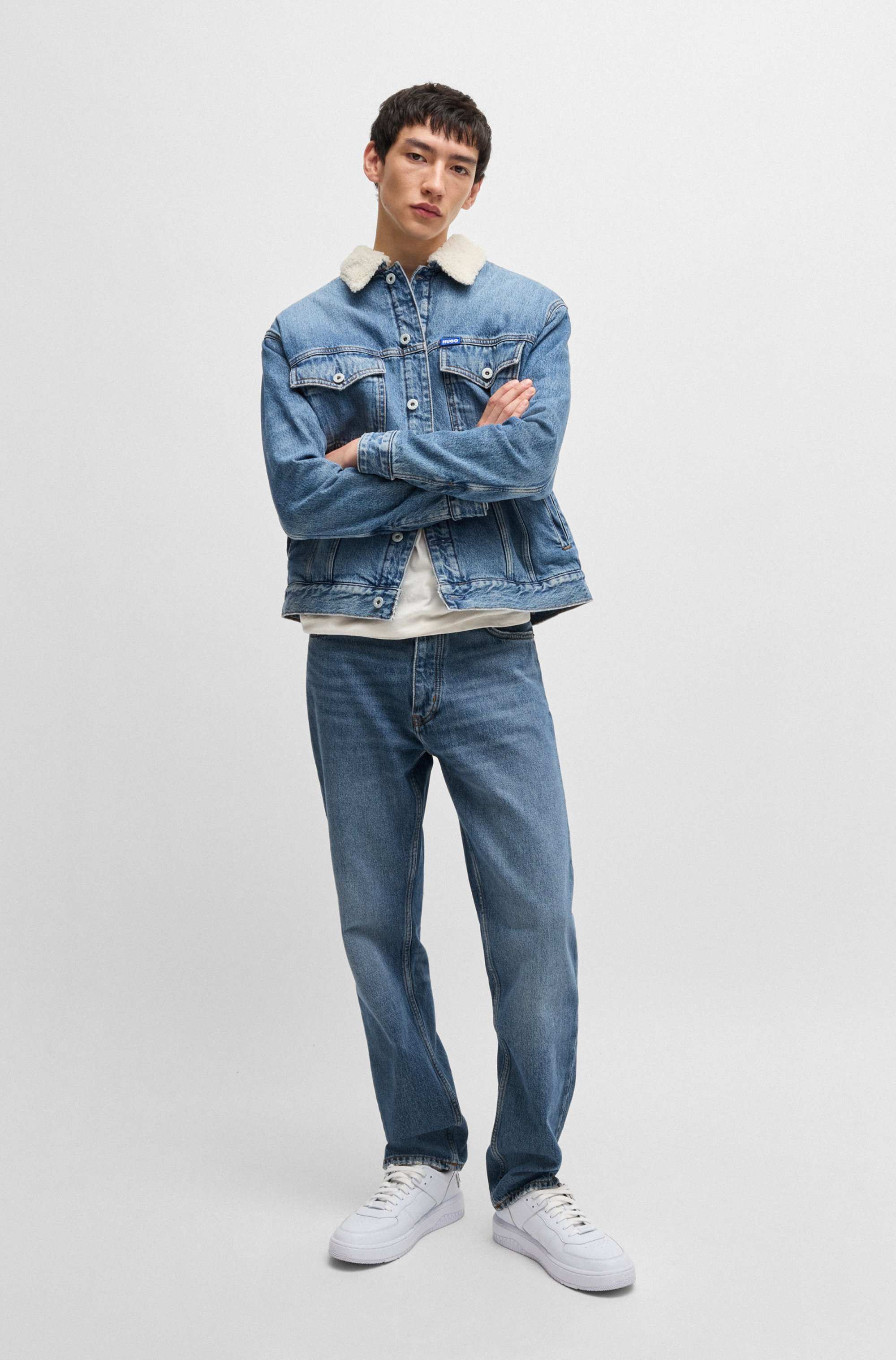 Regular-fit jeans in mid-blue stonewashed cotton denim
