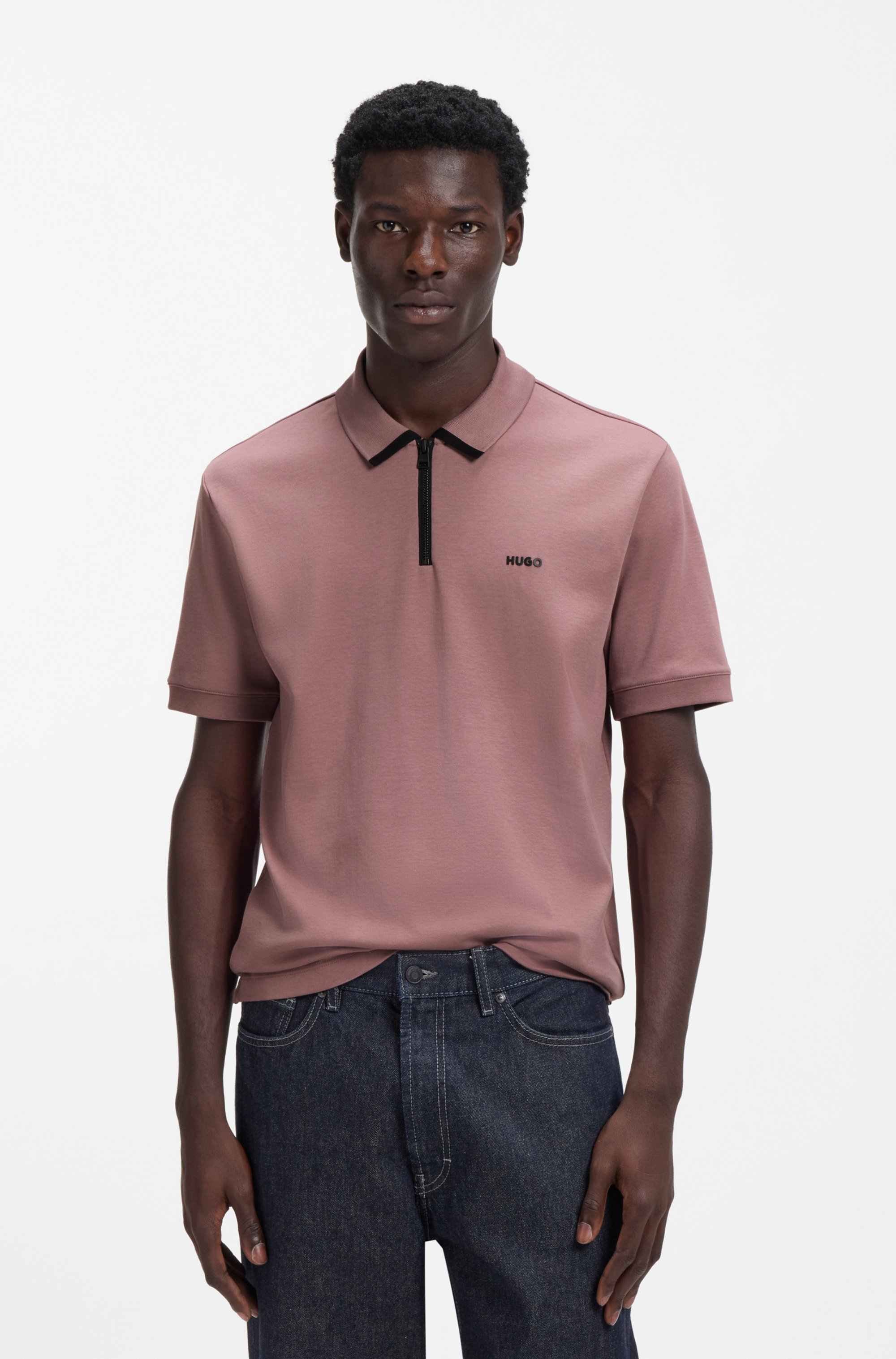 Cotton piqué polo shirt with zip neckline