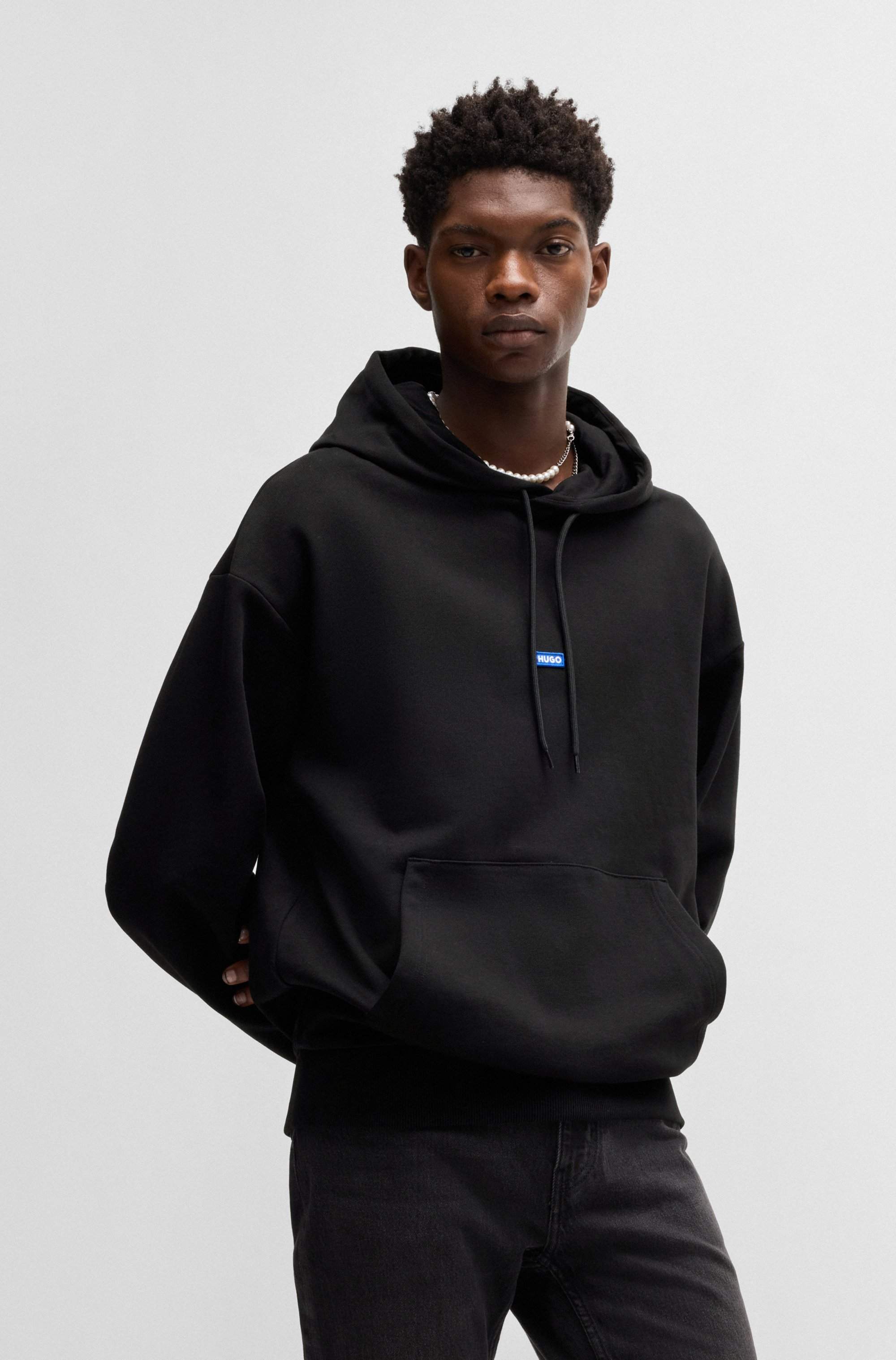 Cotton-terry hoodie with blue logo label