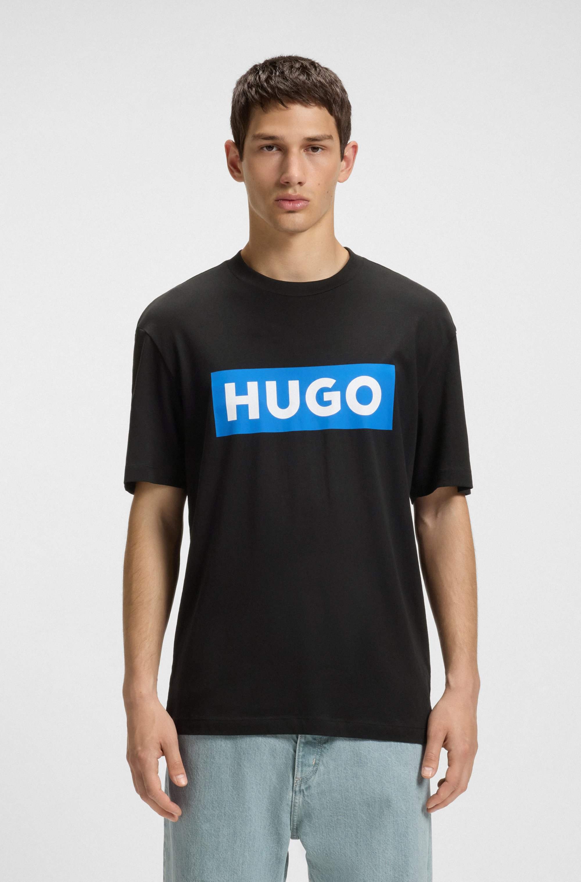 Cotton-jersey T-shirt with blue logo print
