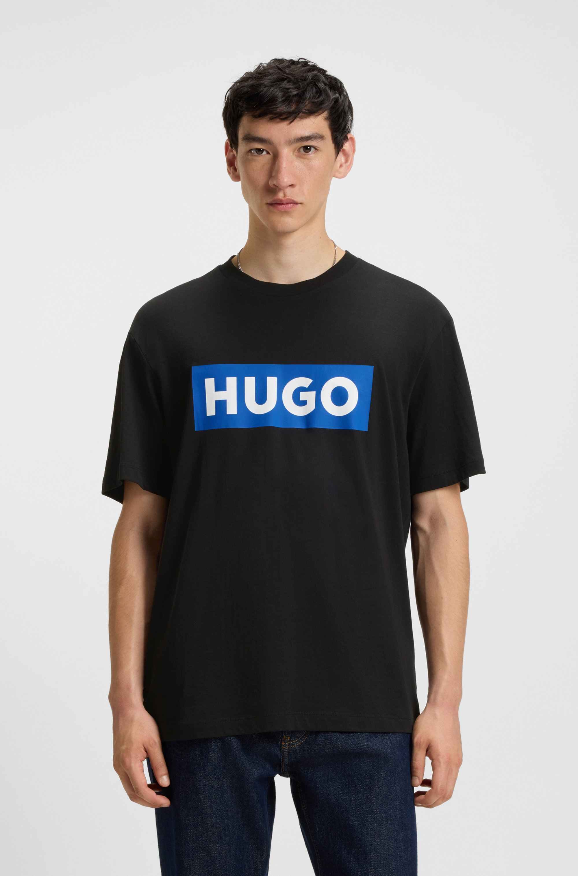 Cotton-jersey T-shirt with blue logo print