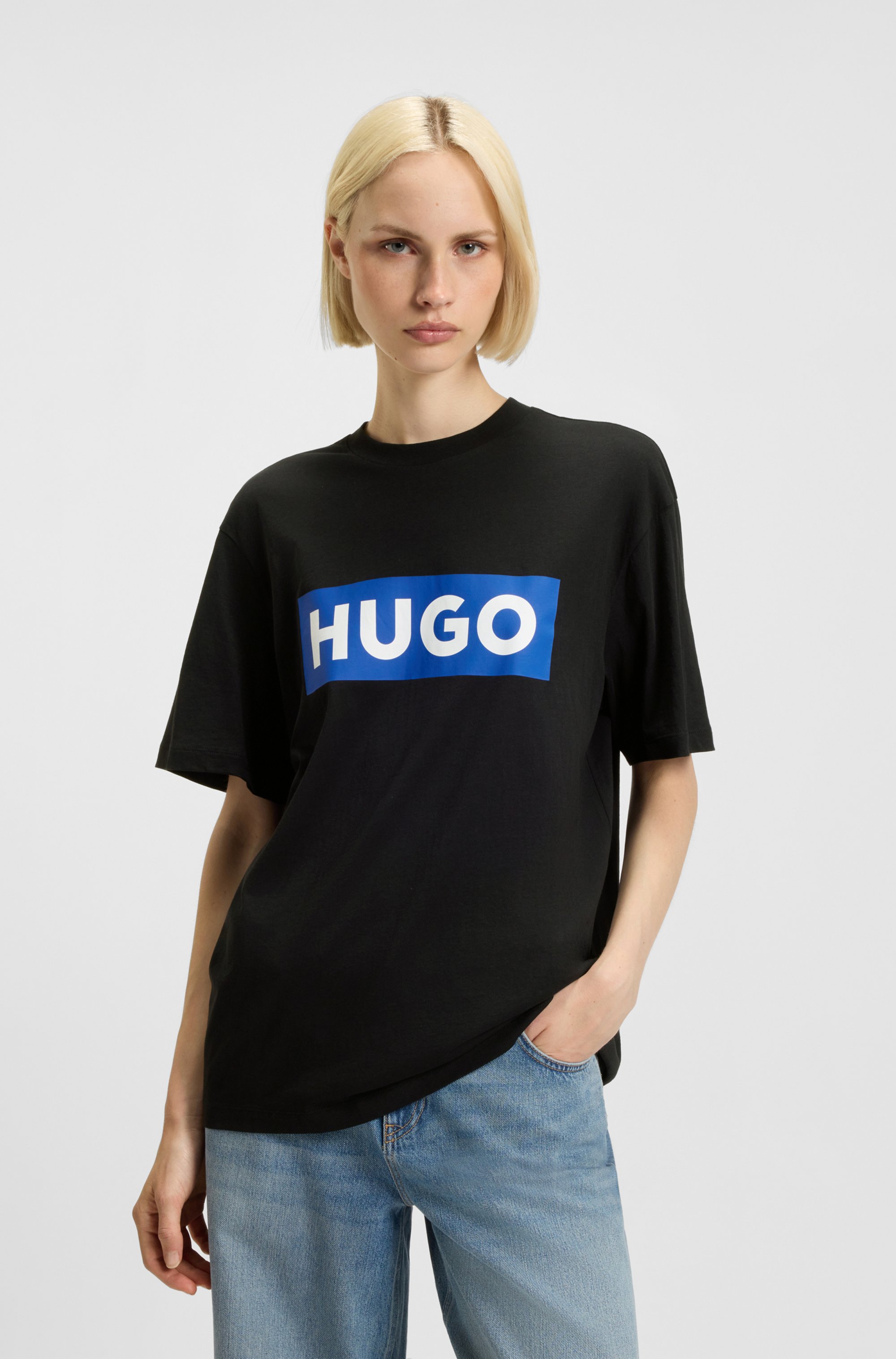 Cotton-jersey T-shirt with blue logo print