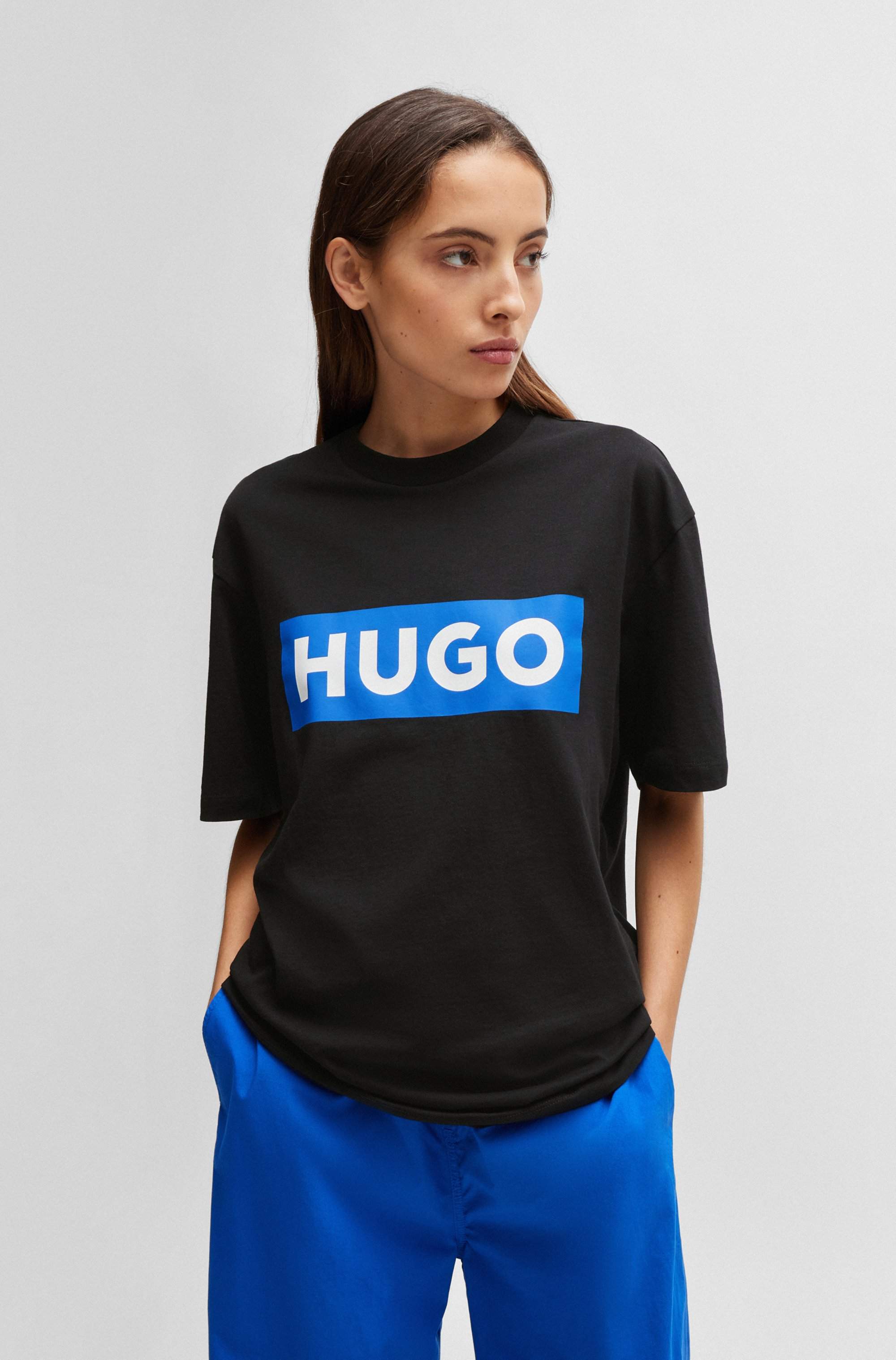 Cotton-jersey T-shirt with blue logo print