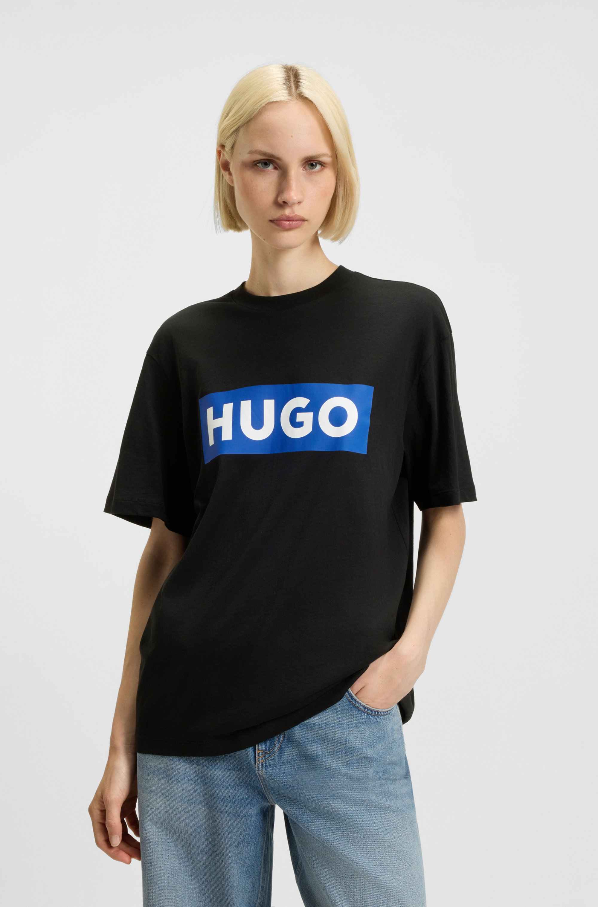 Cotton-jersey T-shirt with blue logo print