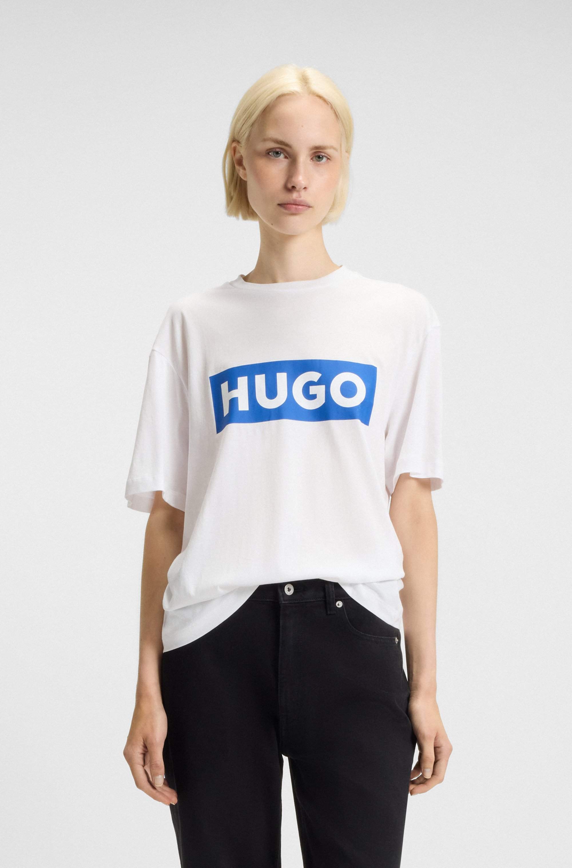 Cotton-jersey T-shirt with blue logo print