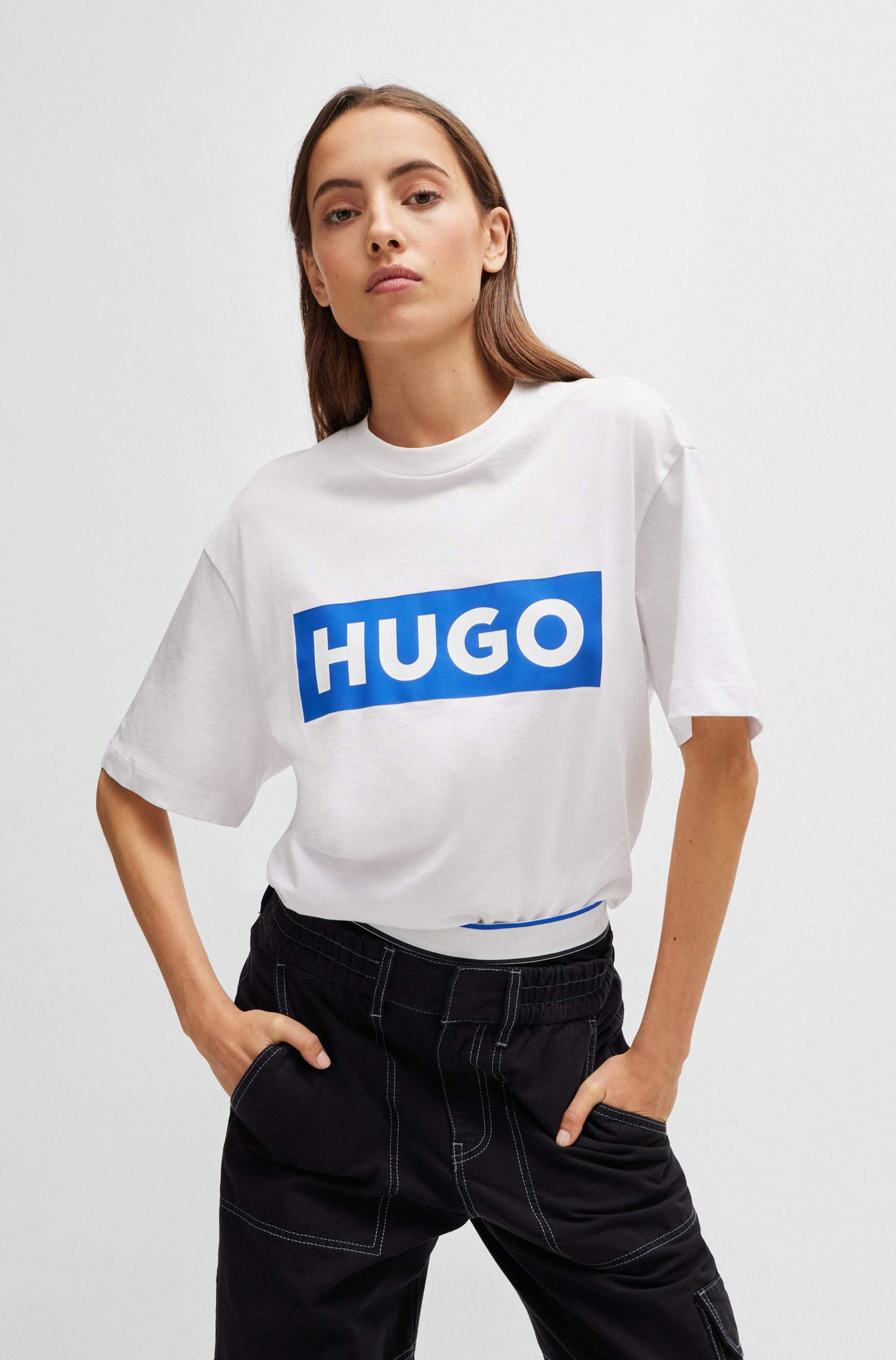 Cotton-jersey T-shirt with blue logo print