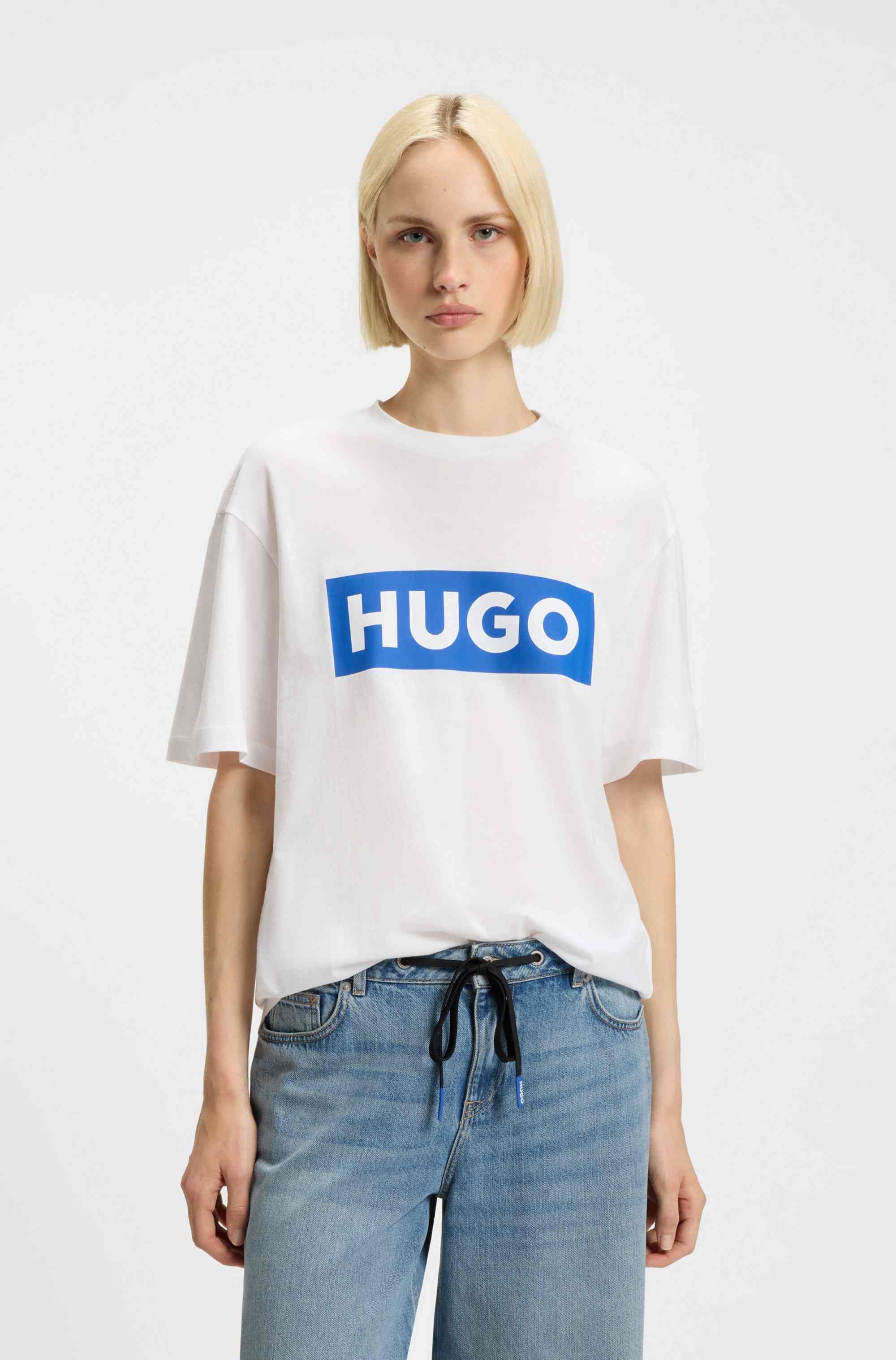 Cotton-jersey T-shirt with blue logo print