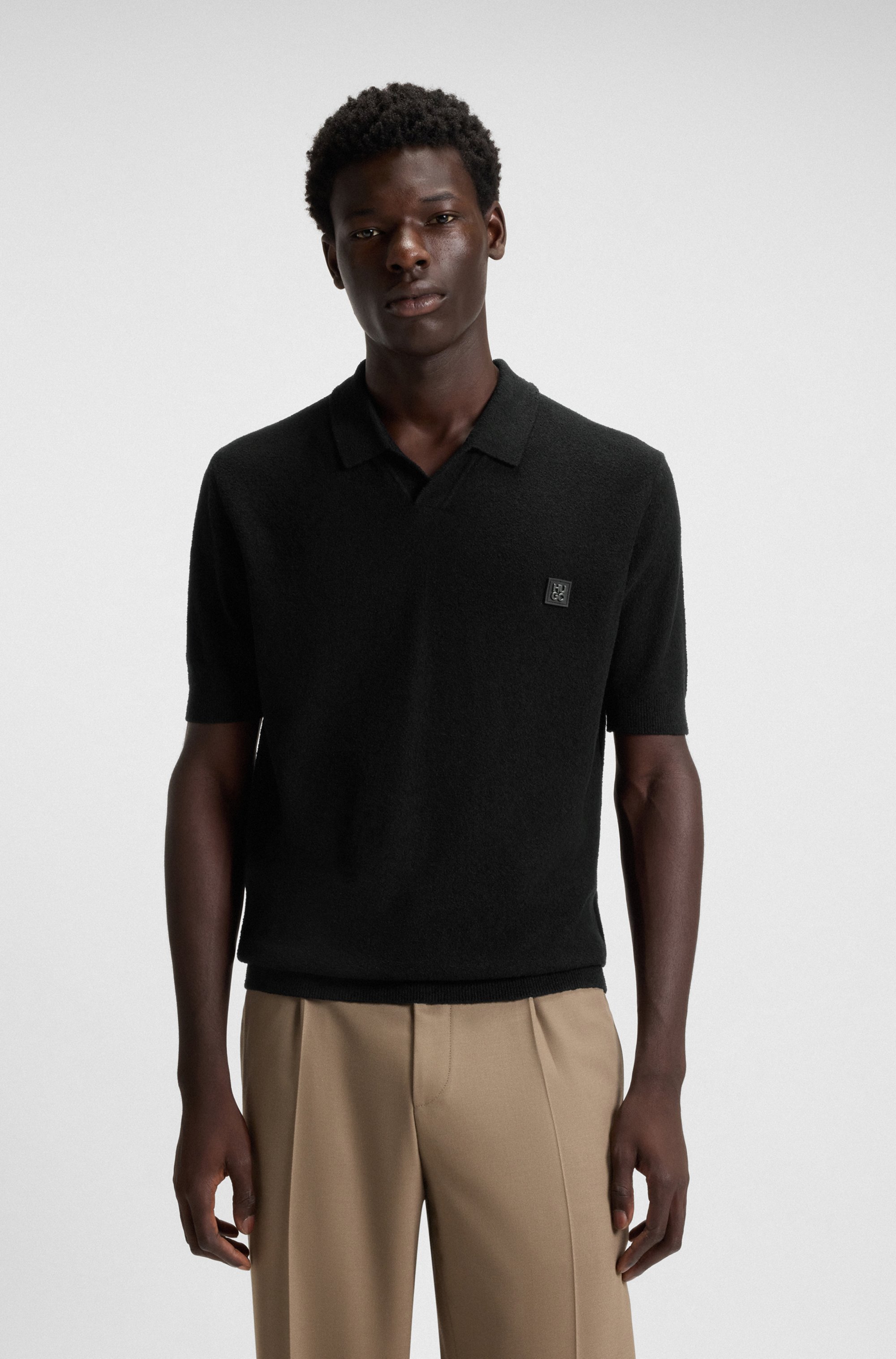 Cotton-blend knit polo with Johnny collar