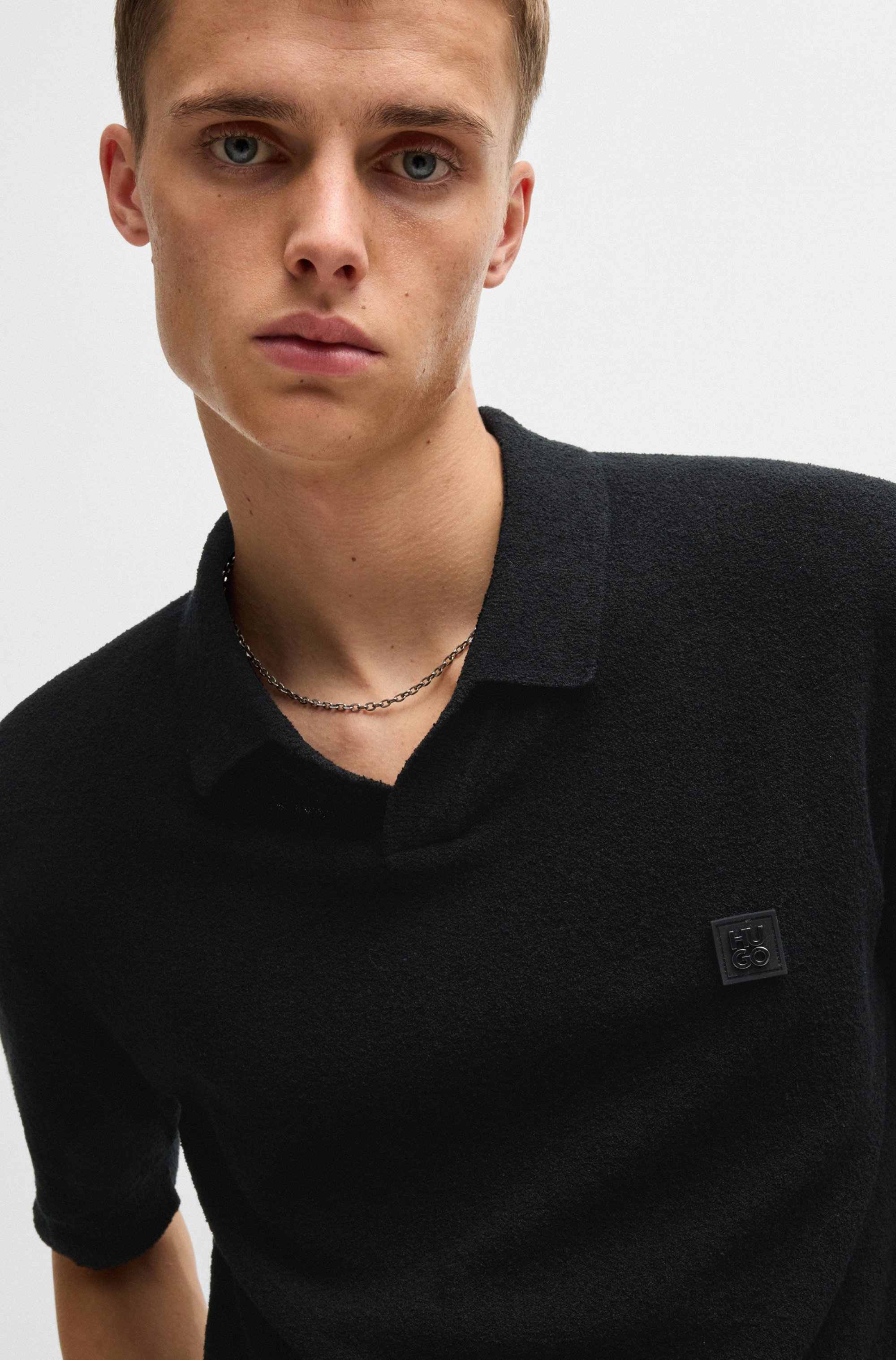 Cotton-blend knit polo with Johnny collar