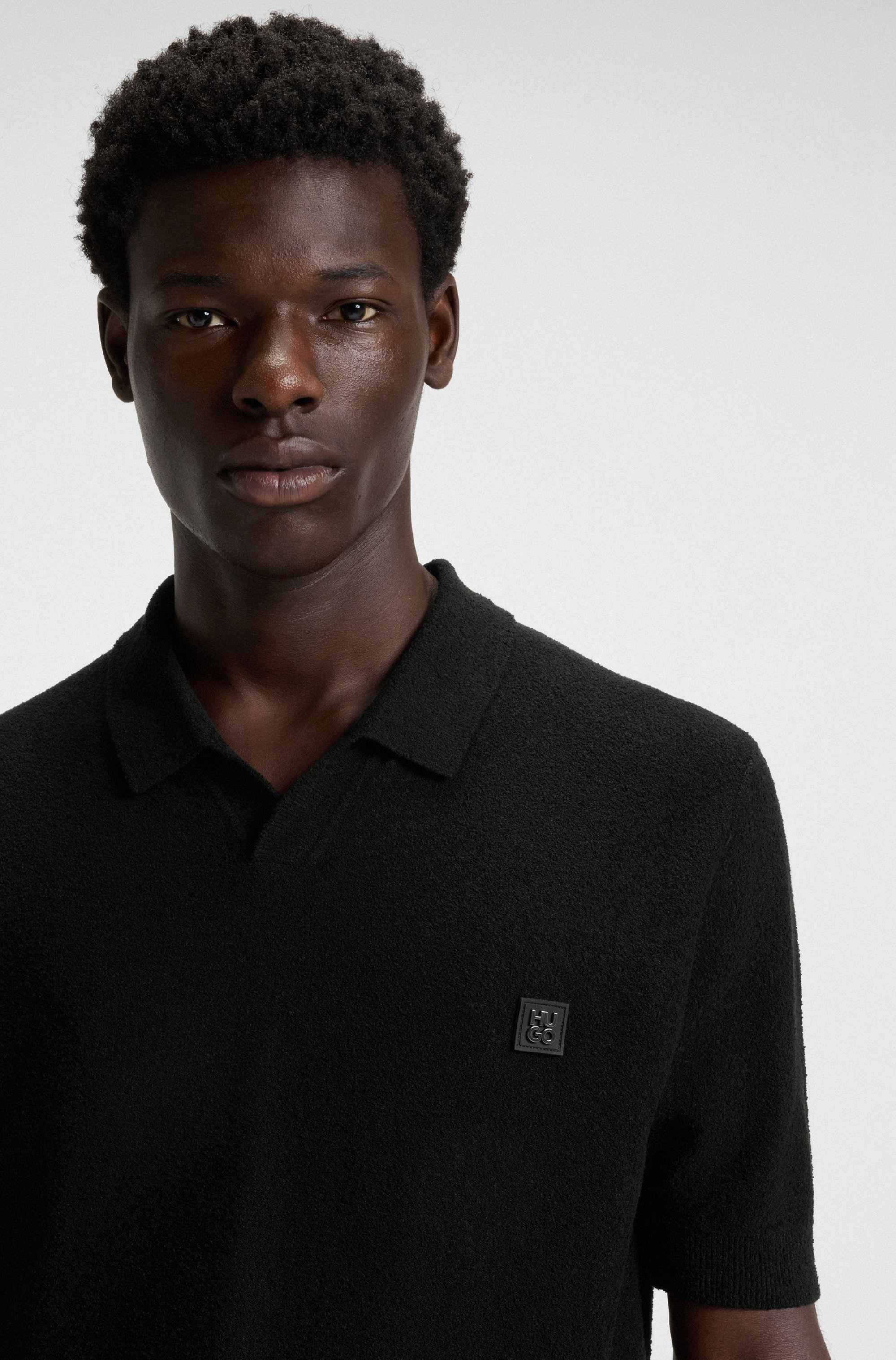 Cotton-blend knit polo with Johnny collar