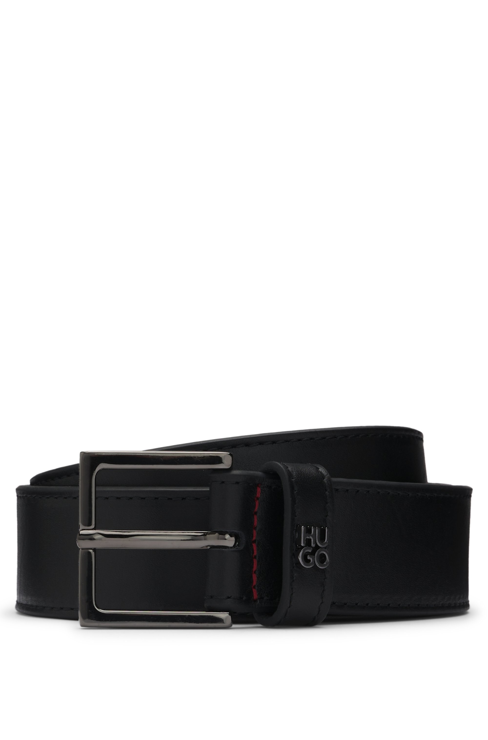 Leather belt with stacked-logo keeper trim