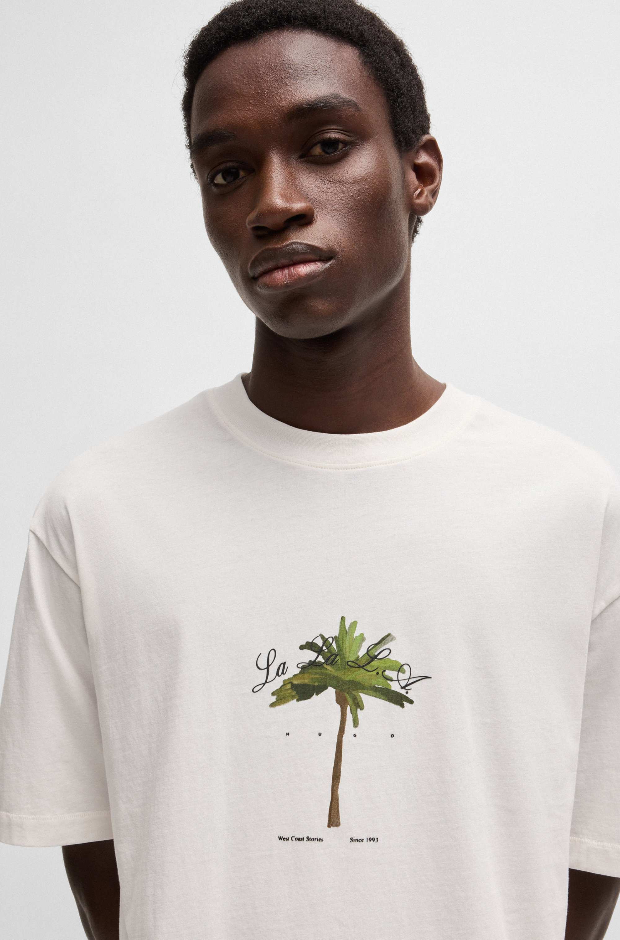 Cotton-jersey T-shirt with palm-tree print