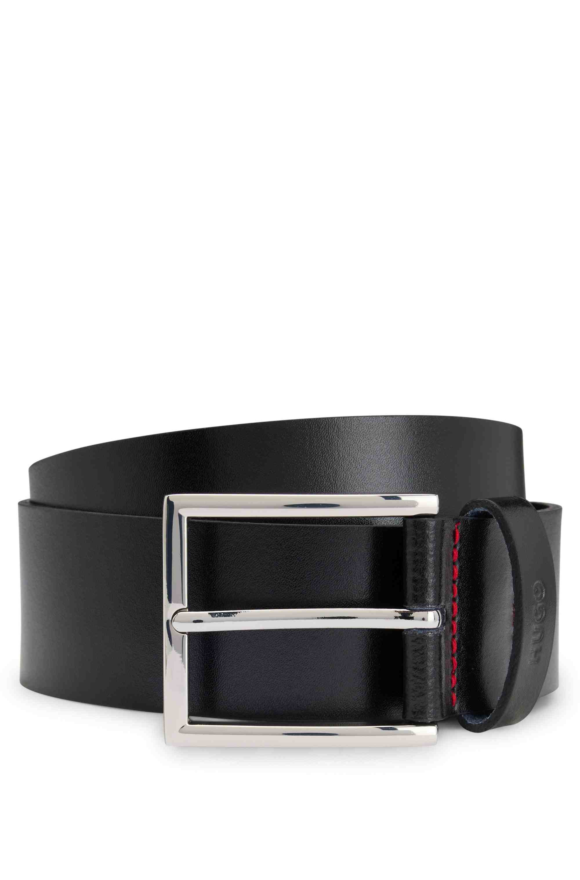 Pin-buckle belt in smooth leather with logo keeper