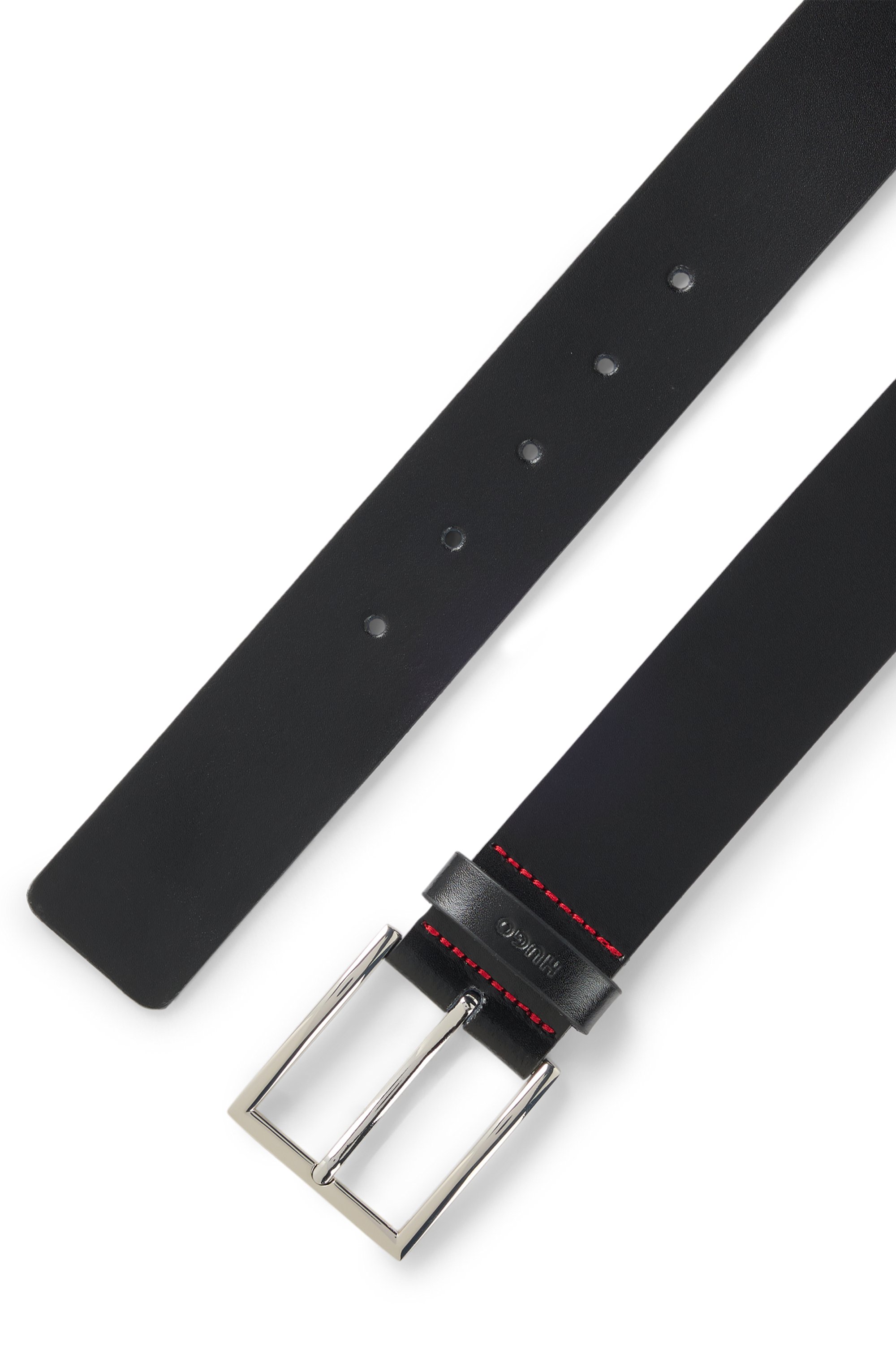 Pin-buckle belt in smooth leather with logo keeper