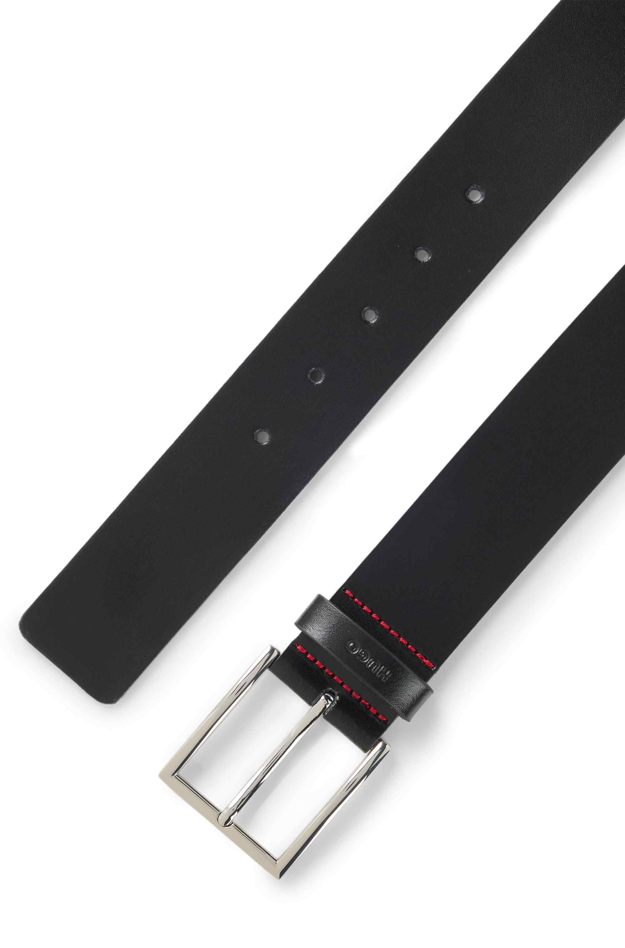 Pin-buckle belt in smooth leather with logo keeper