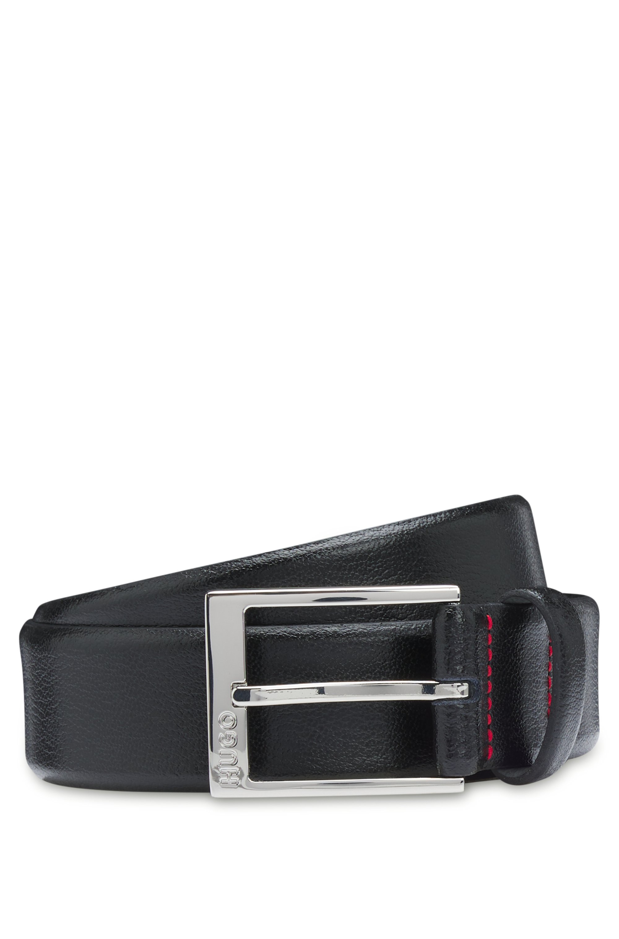 Grained-leather belt with logo-engraved buckle