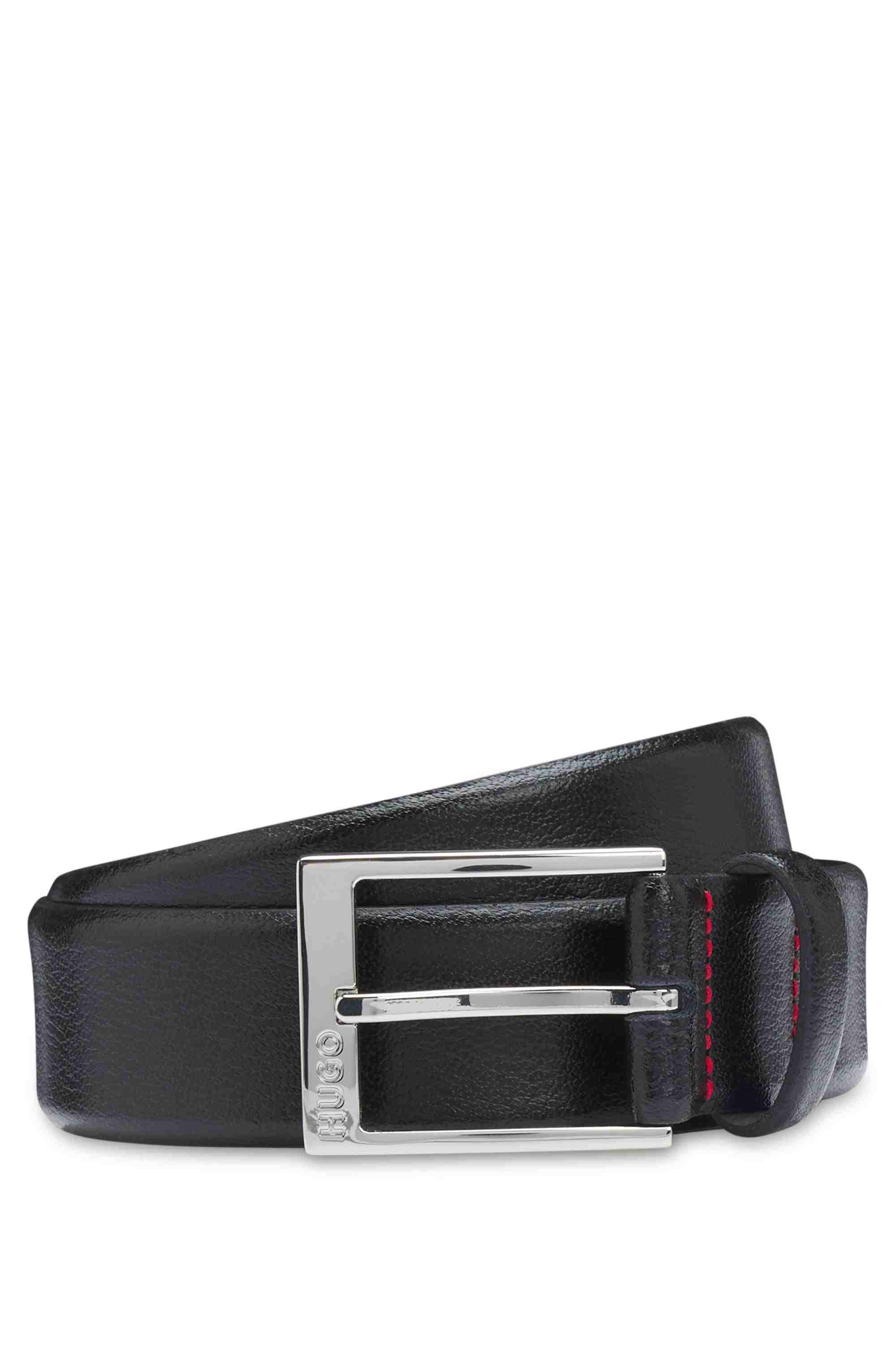 Grained-leather belt with logo-engraved buckle