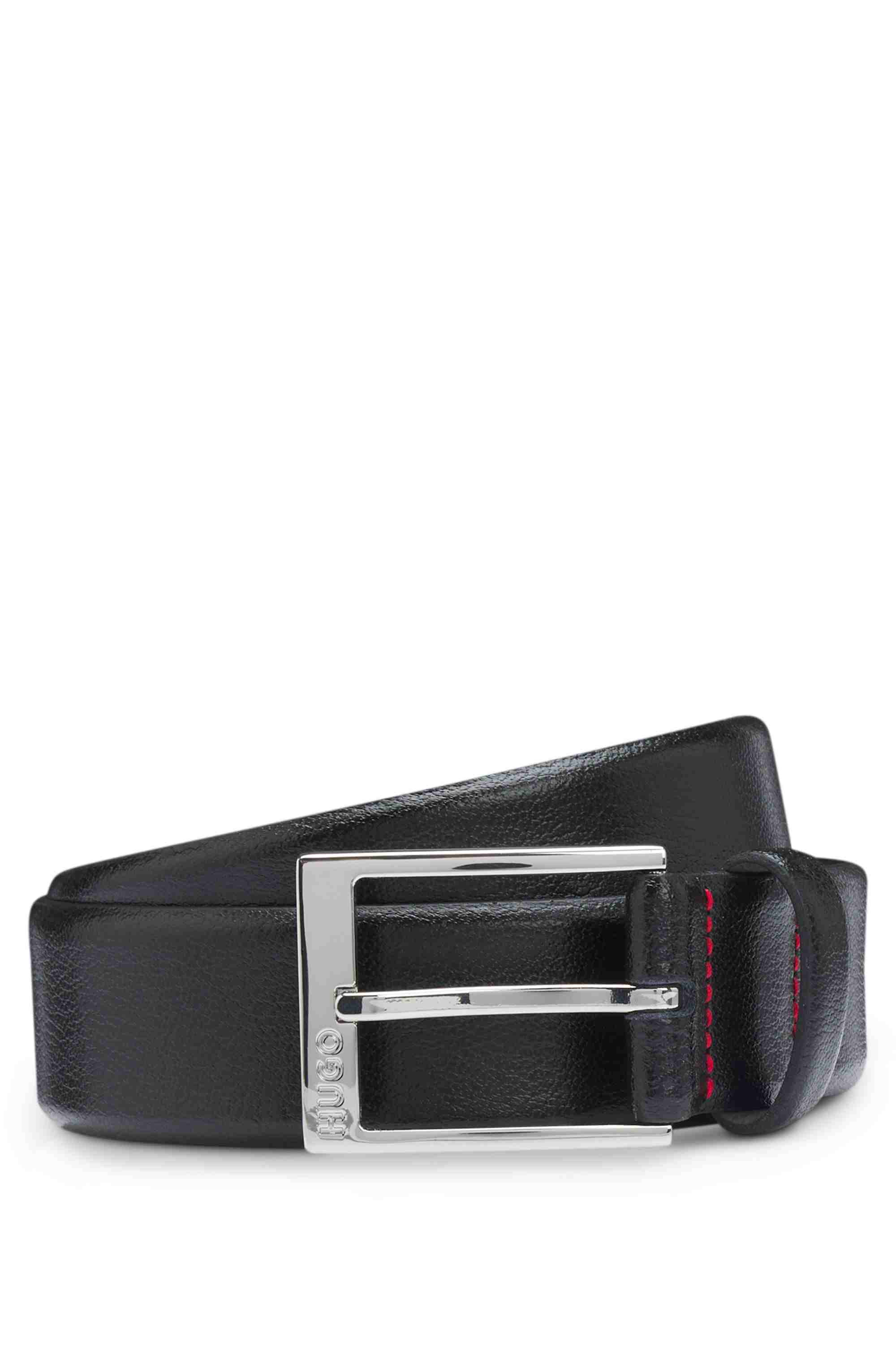 Grainy-leather belt with polished silver hardware