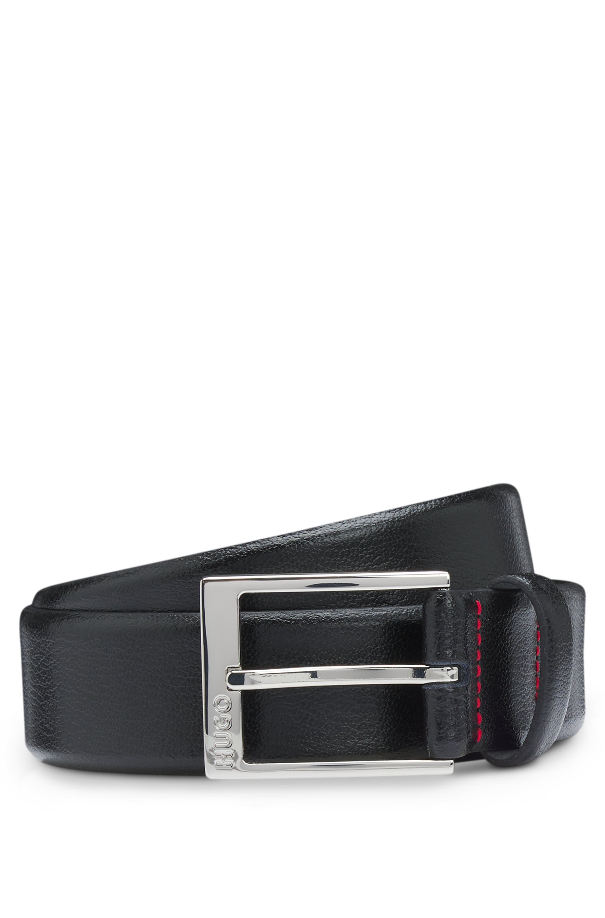 Grainy-leather belt with polished silver hardware