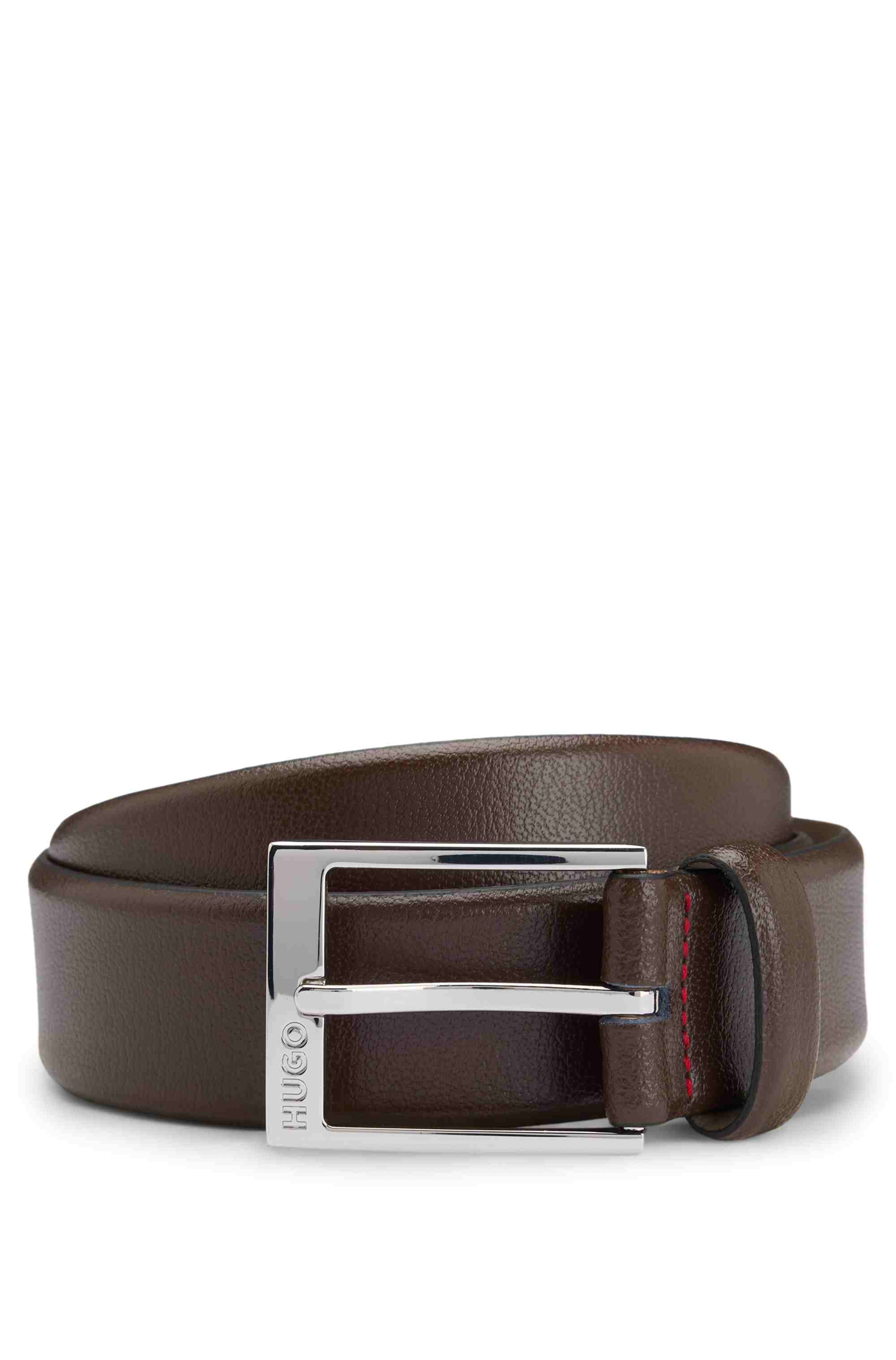 Grained-leather belt with logo-engraved buckle