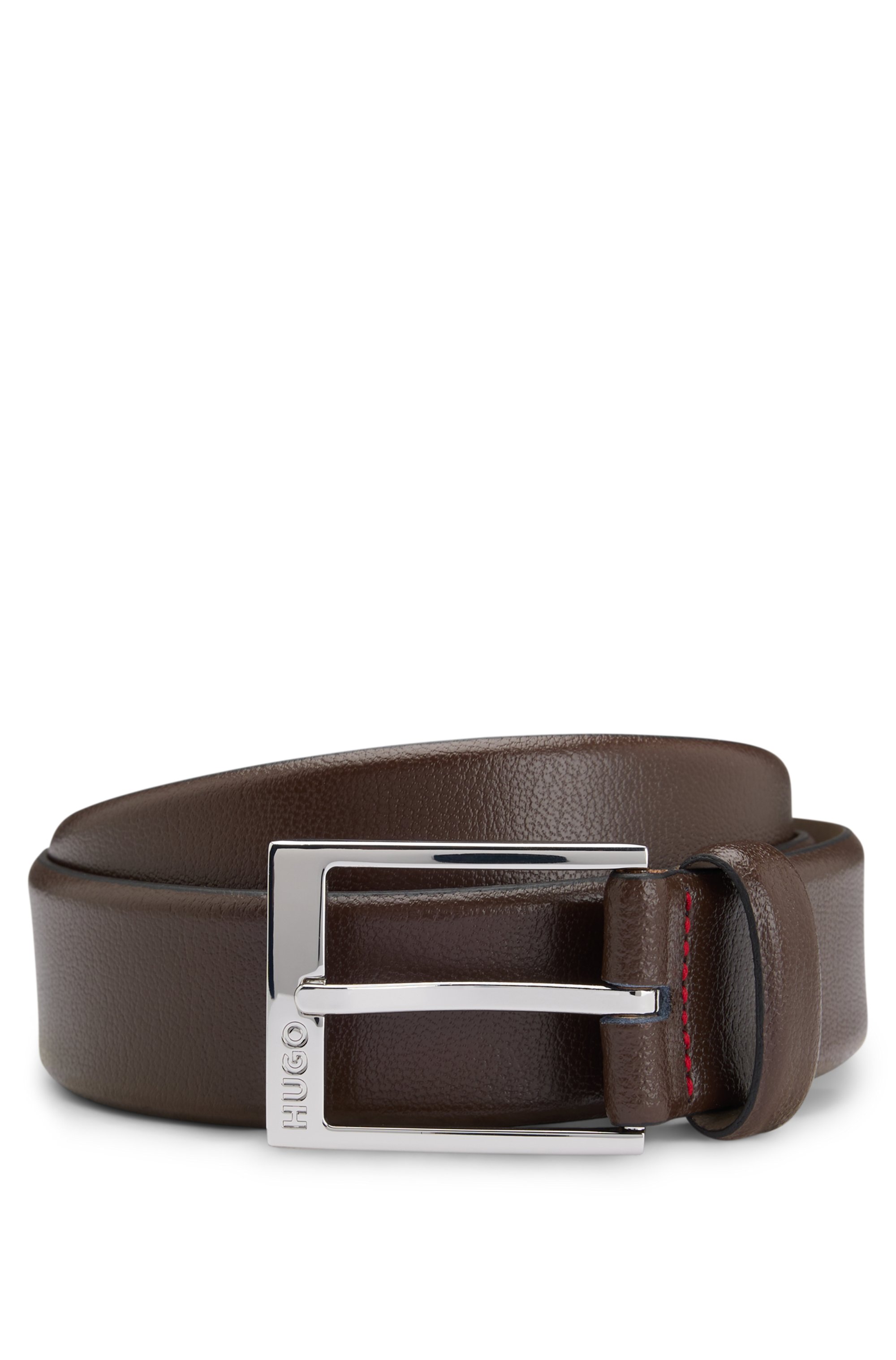 Grained-leather belt with silver-tone hardware