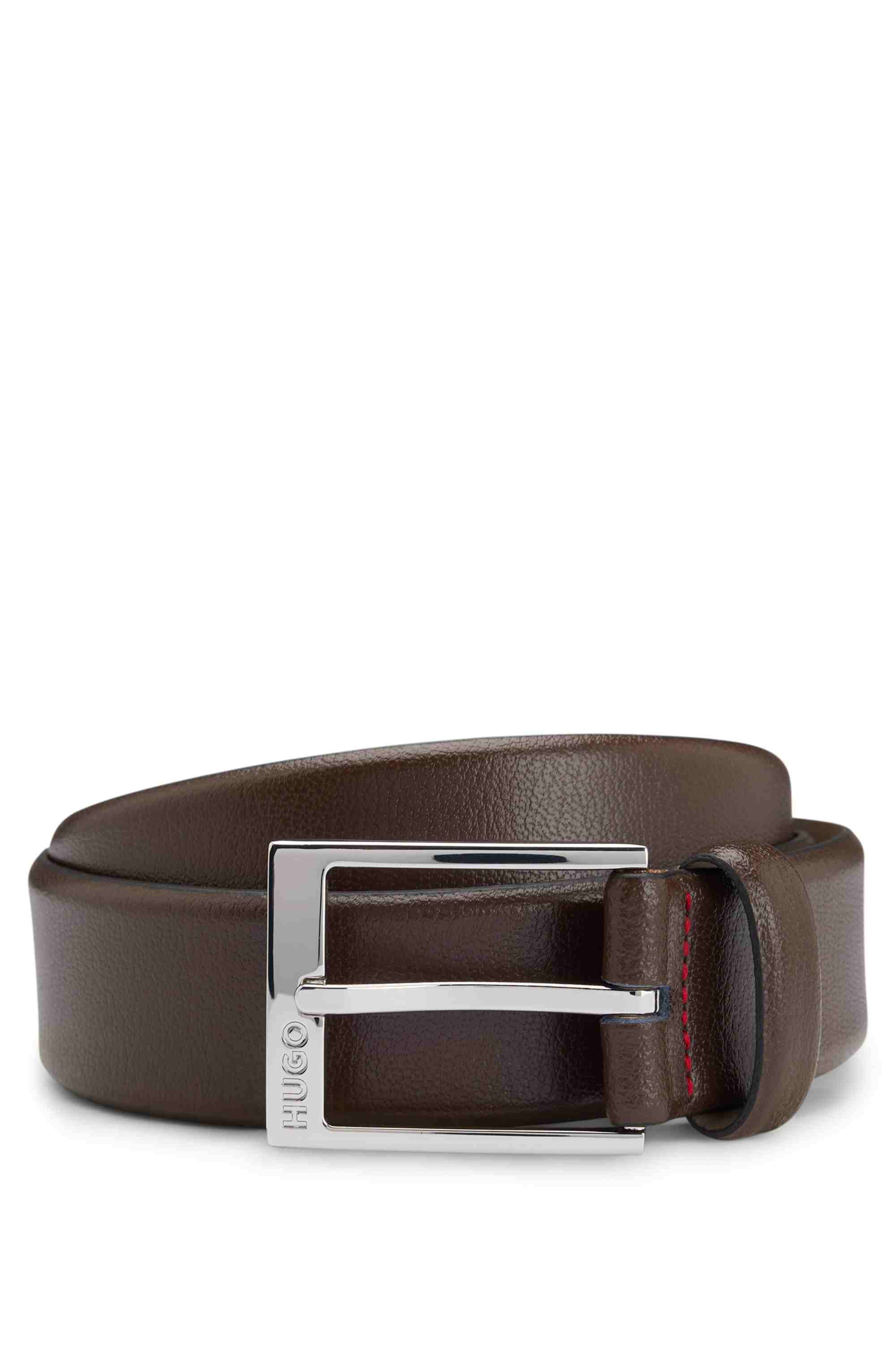 Grained-leather belt with silver-tone hardware