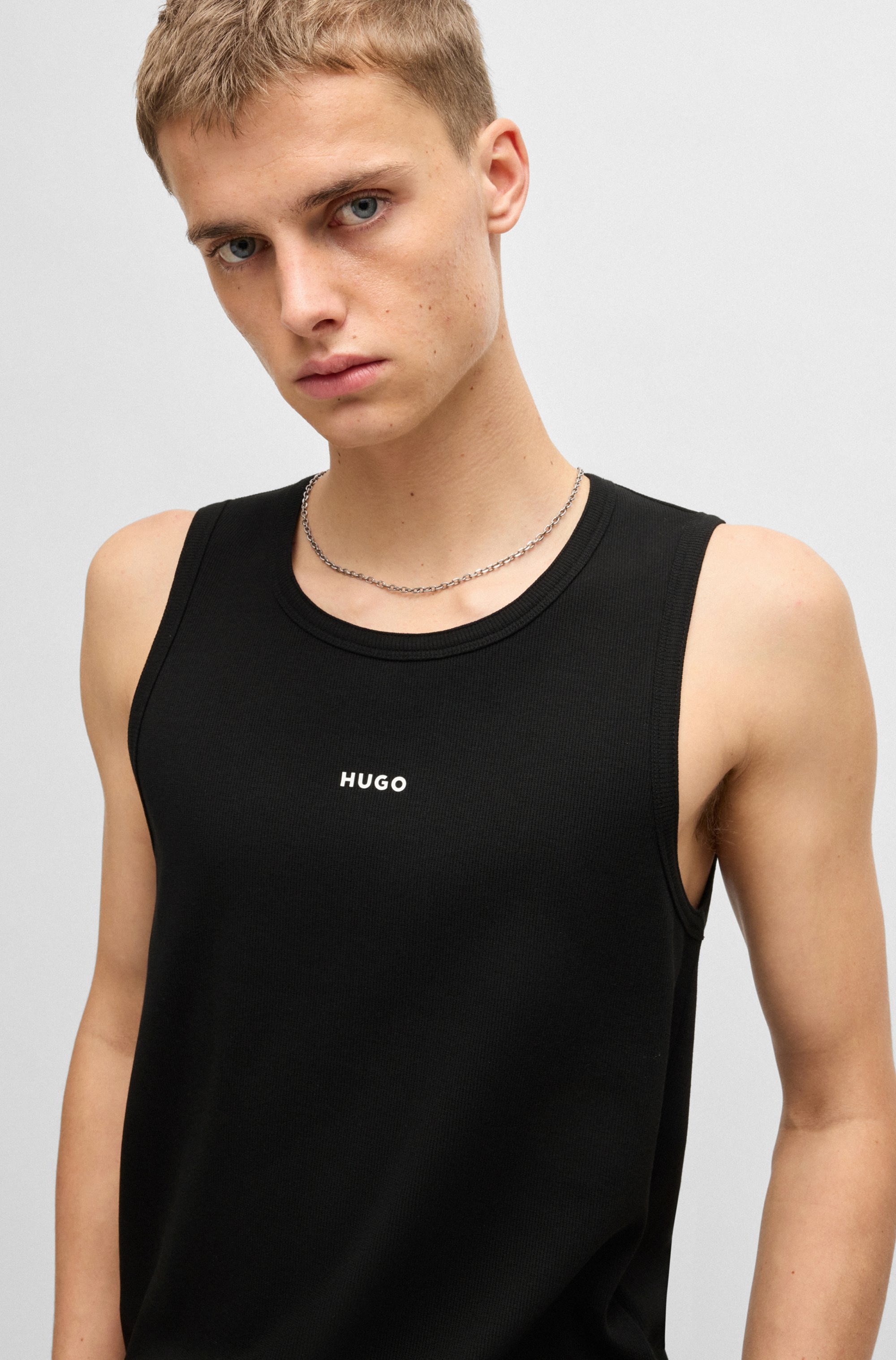 Ribbed stretch-cotton tank top with logo print