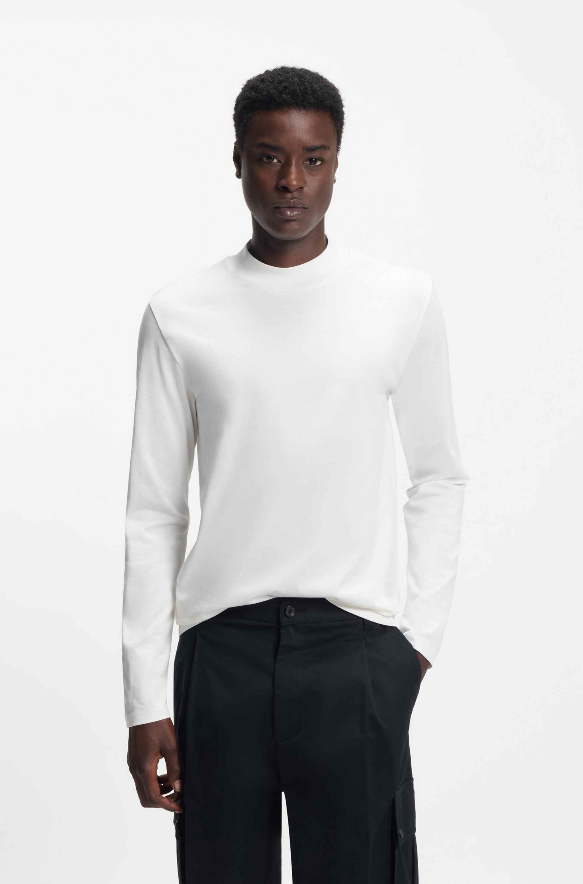 Mock-neck slim-fit T-shirt in mercerised cotton