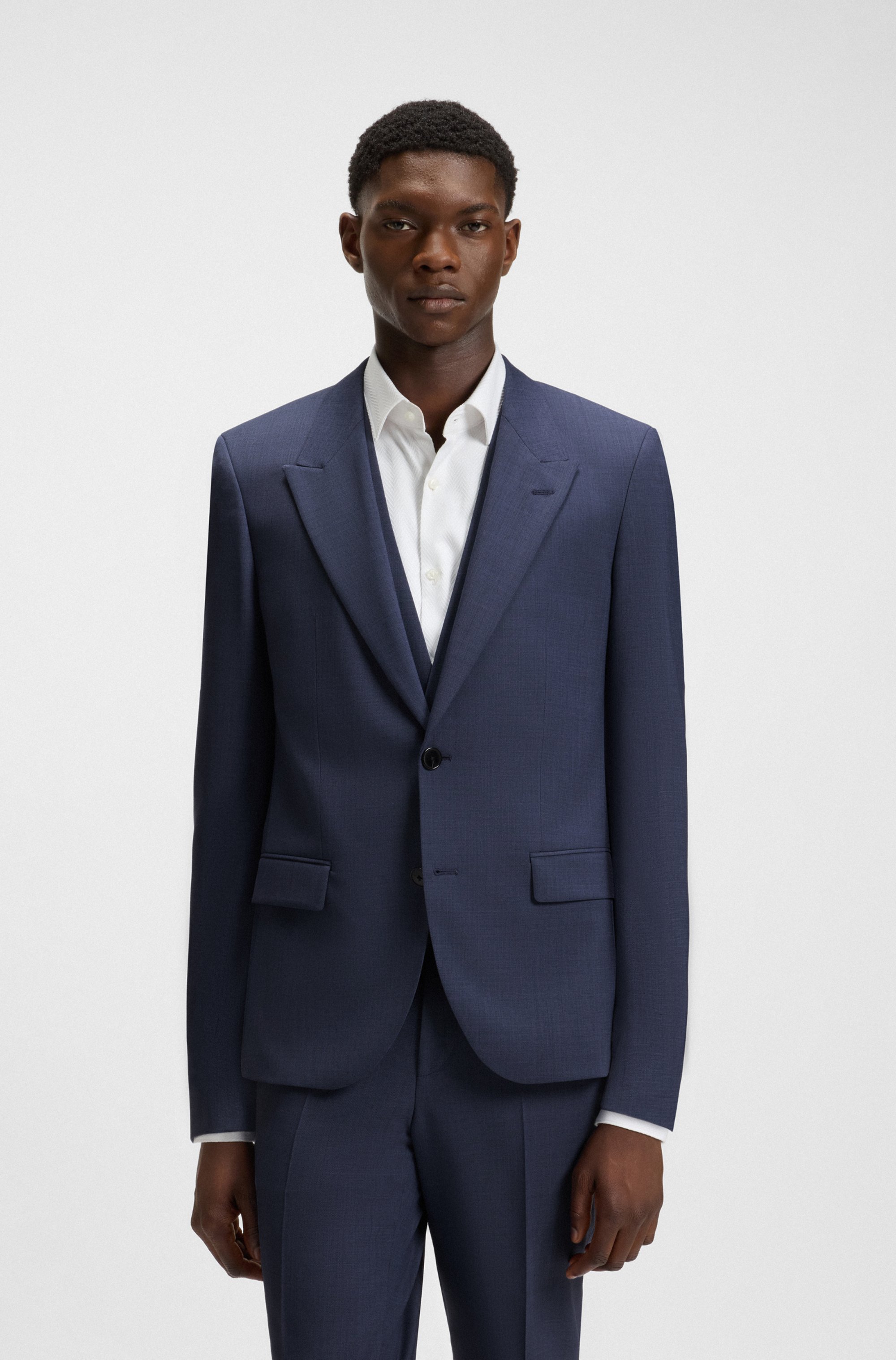 Slim-fit three-piece suit with sharkskin weave