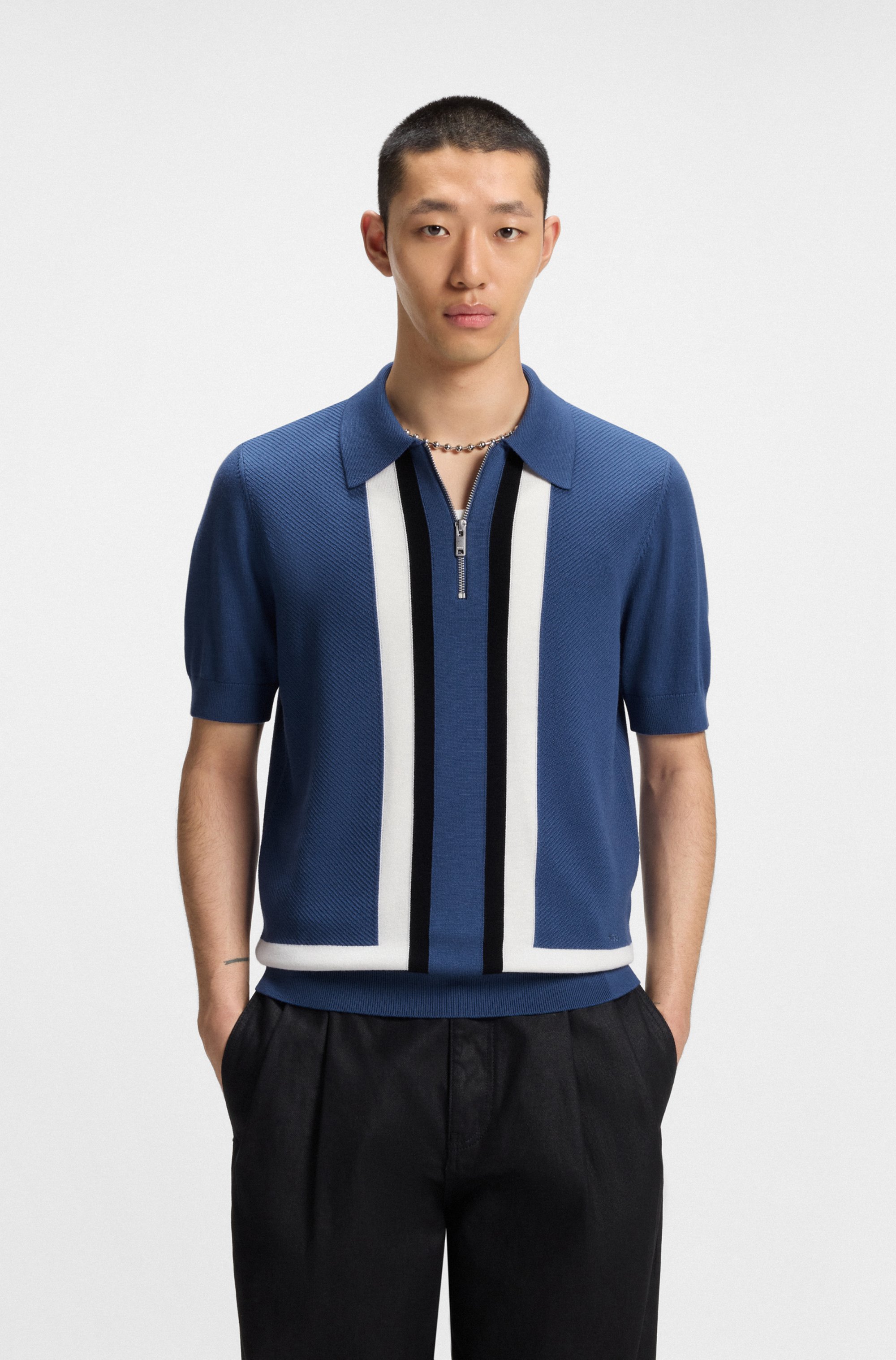 Zip-neck knit sweater with stripe details