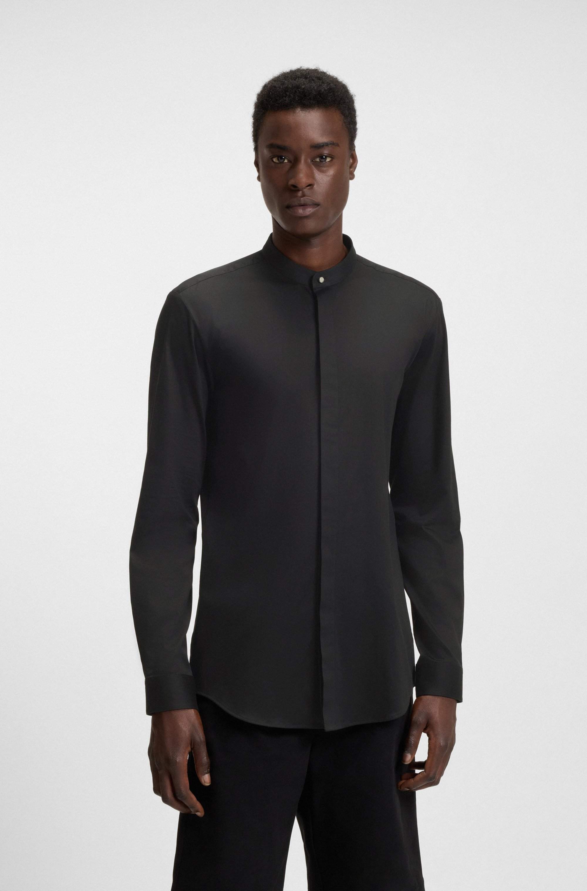 Slim-fit shirt in stretch cotton with stand collar