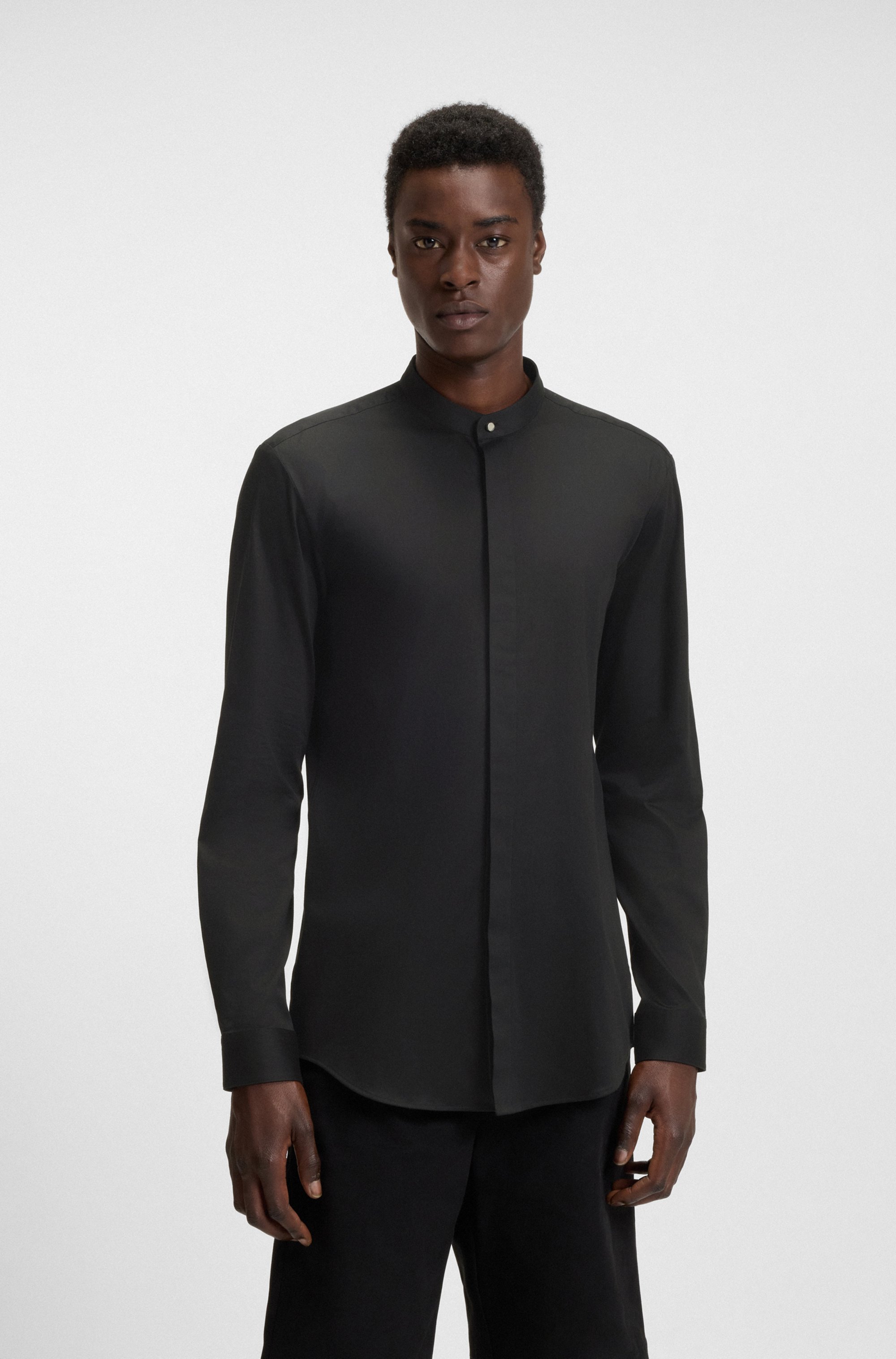 Slim-fit shirt in stretch cotton with stand collar