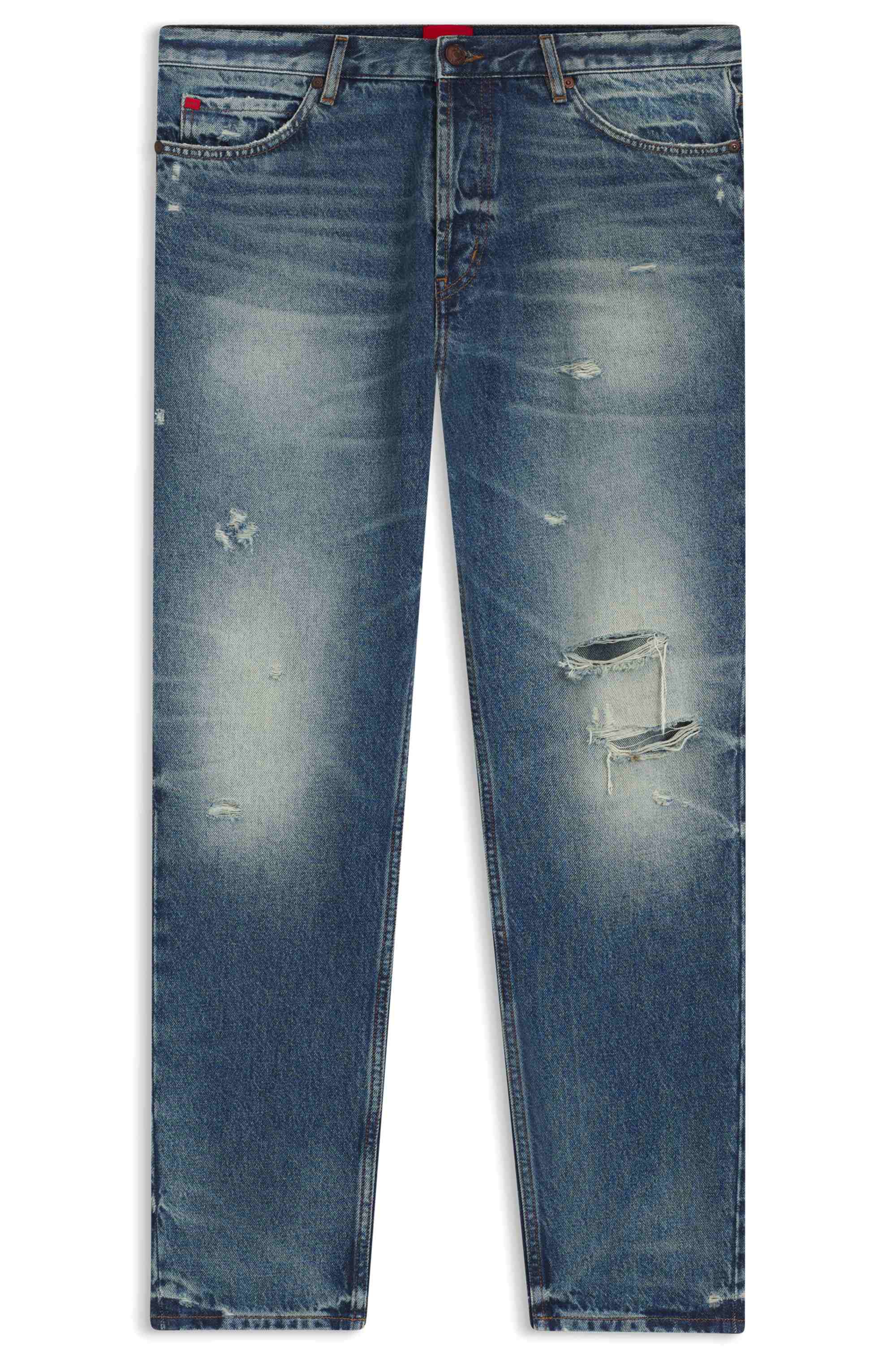 Tapered-fit jeans in distressed blue denim