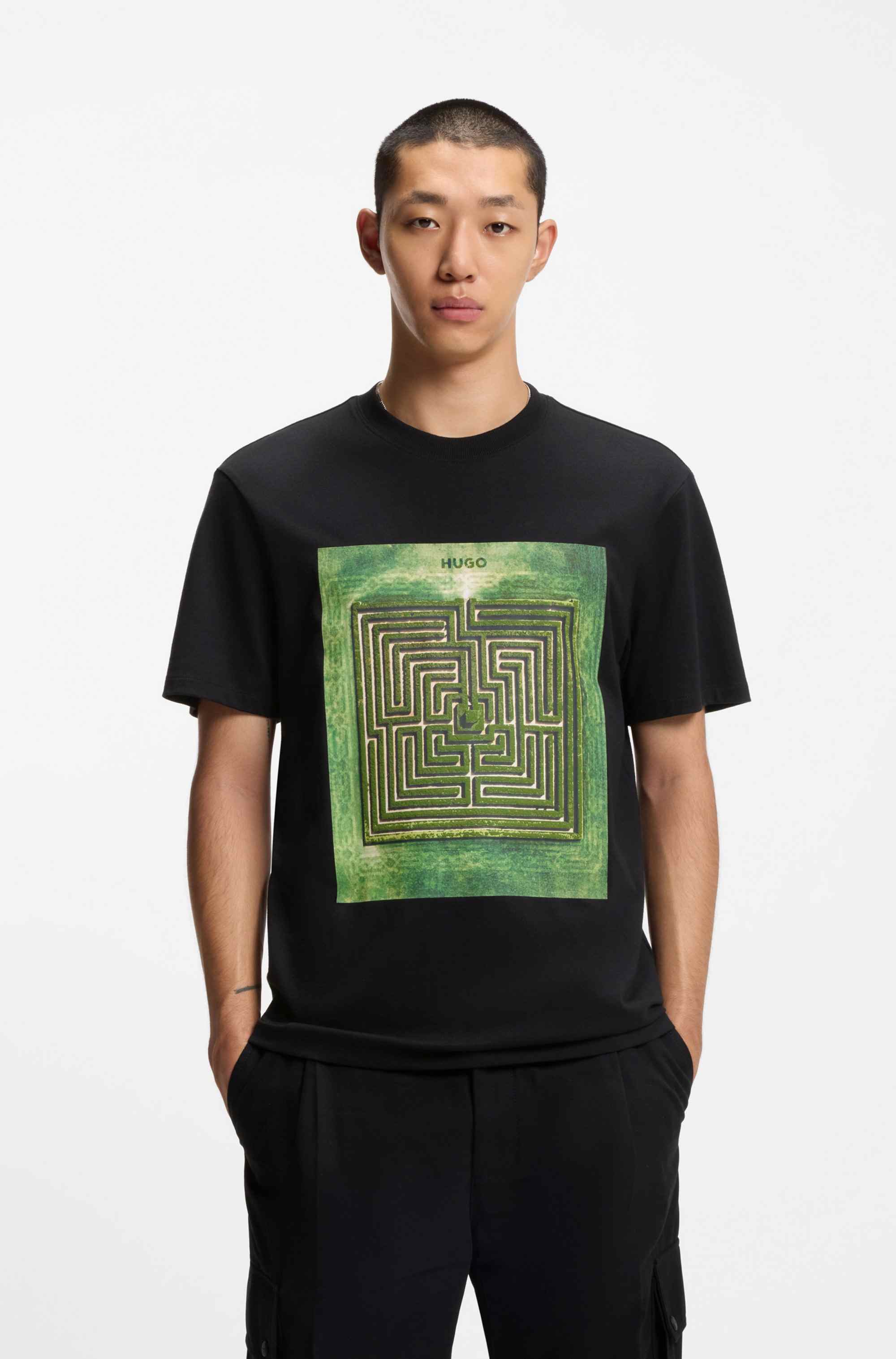 Cotton-jersey T-shirt with maze print