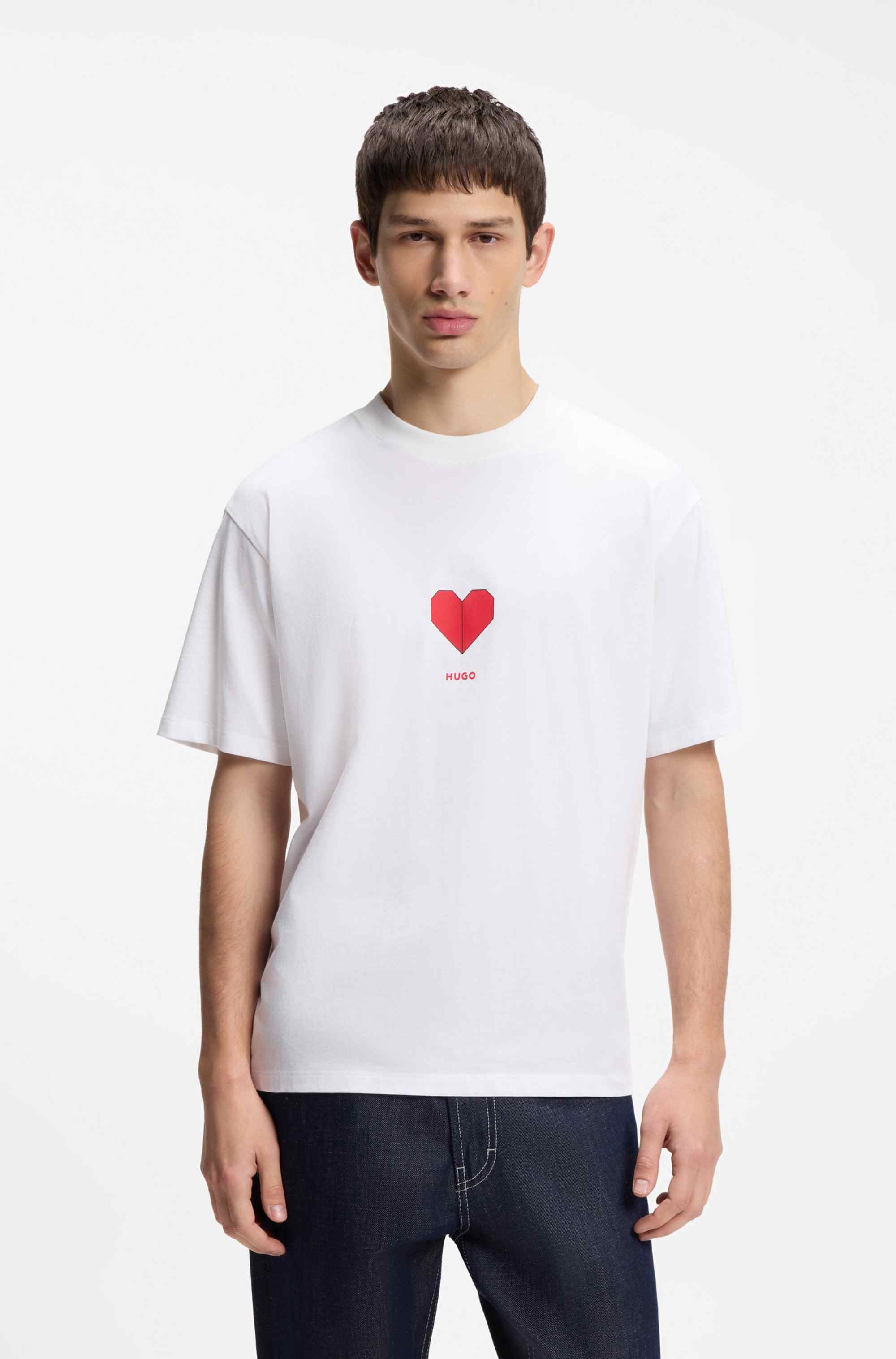 All-gender Cotton-jersey T-shirt with origami-heart prints