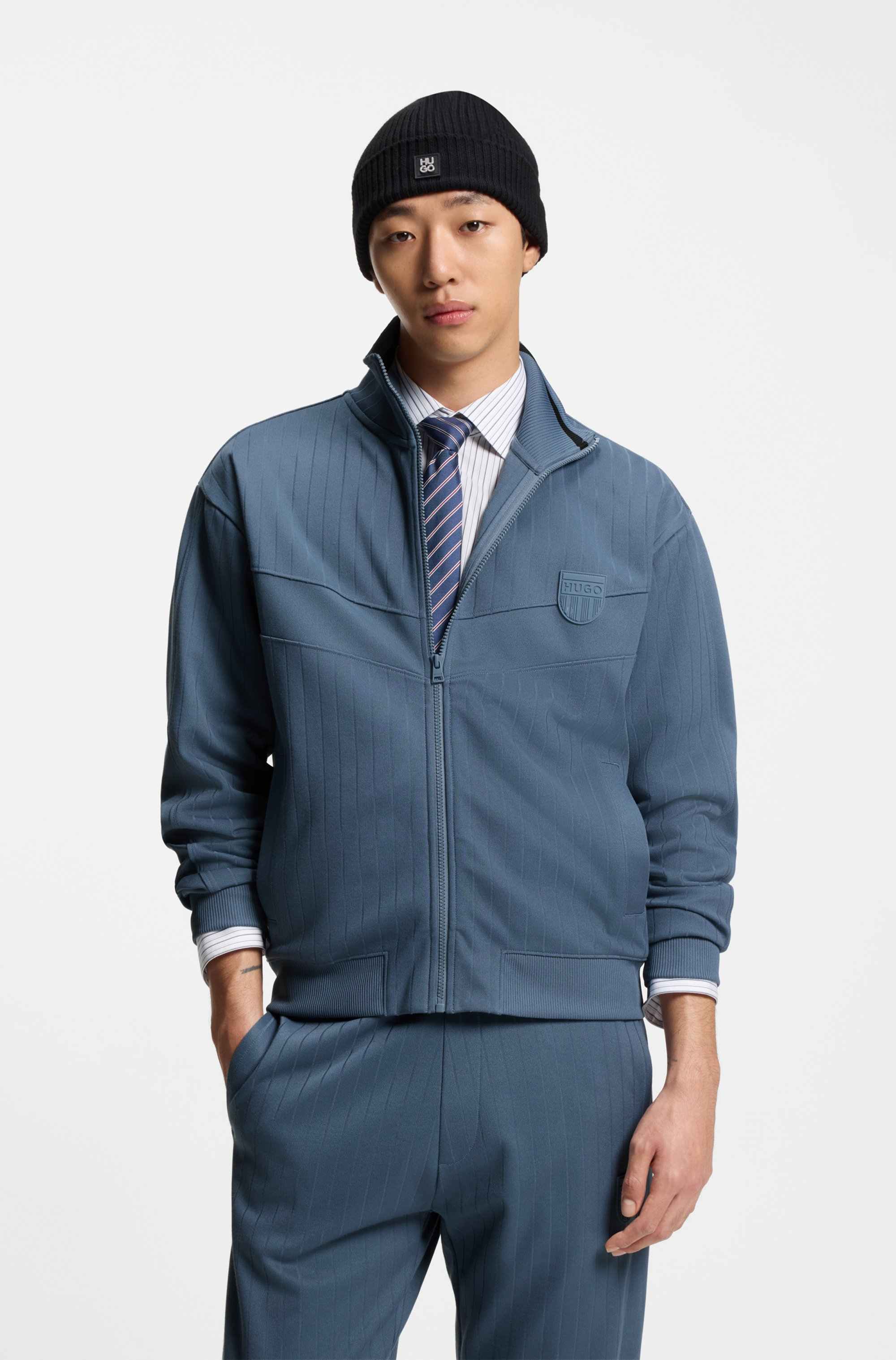 Cotton-blend sweatshirt with drop-needle stripe